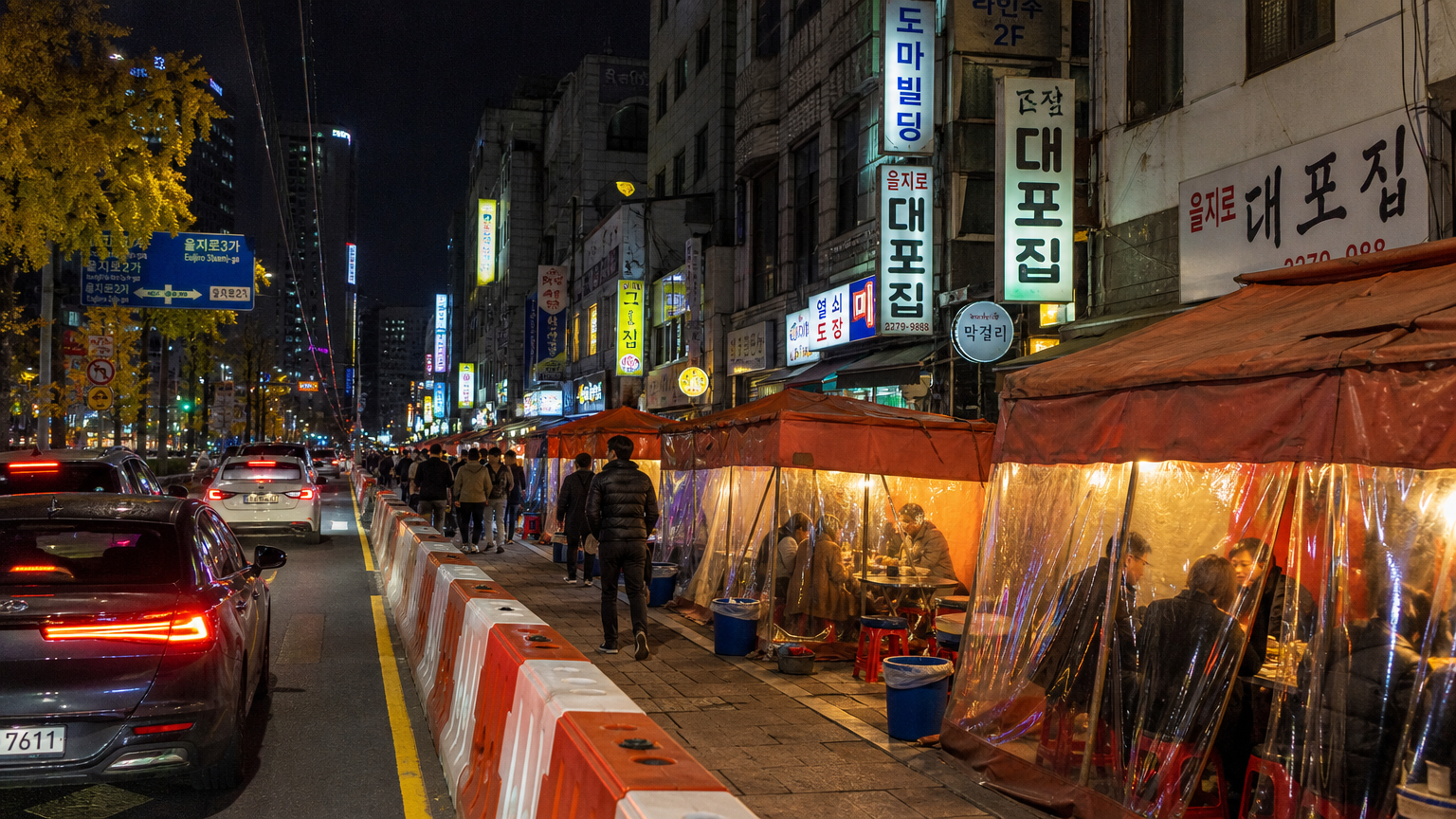 AI-generated illustration: a closed traffic lane beside tent bars (not a photo of a real street)