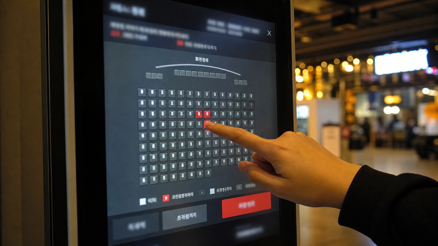 AI-generated illustration: choosing an assigned seat on a cinema kiosk seat map