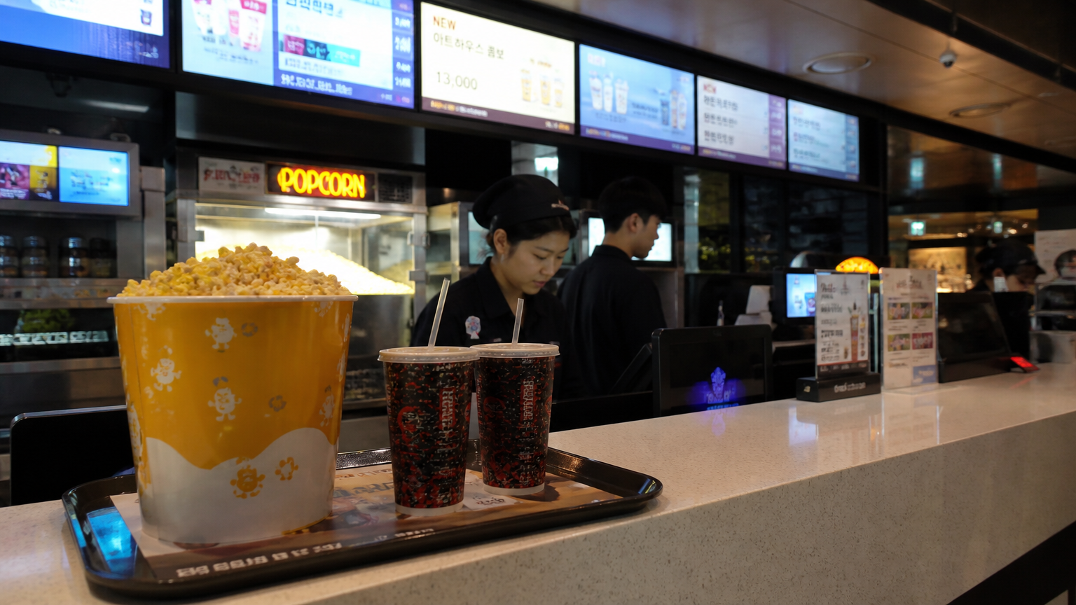 AI-generated illustration: the popcorn and drinks counter in a Korean cinema