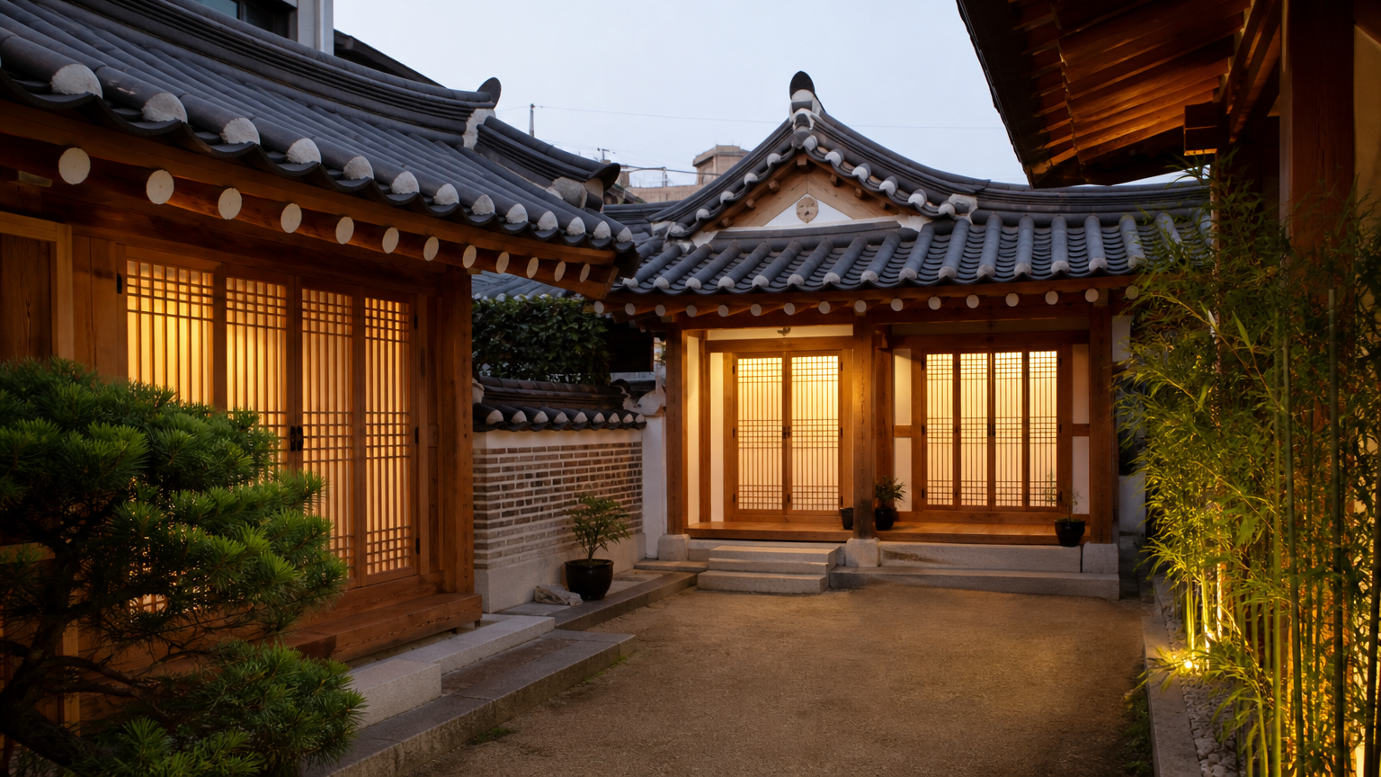 AI-generated illustration: a hanok guesthouse courtyard in Seoul at dusk (not a photo of a real listing)