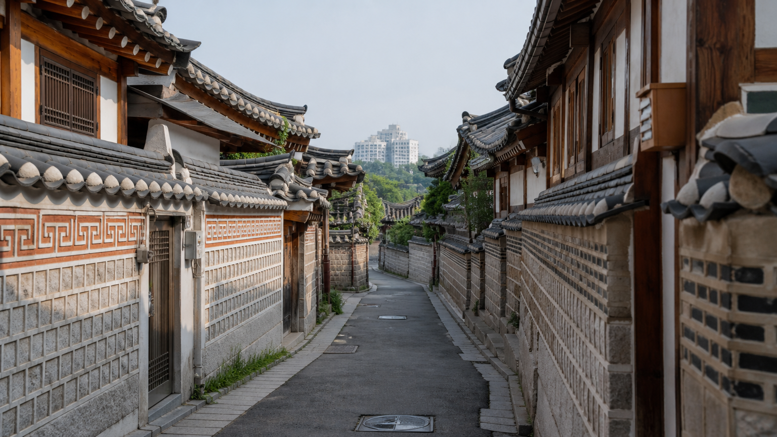 AI-generated illustration: a residential hanok alley in Seoul (not a real street)