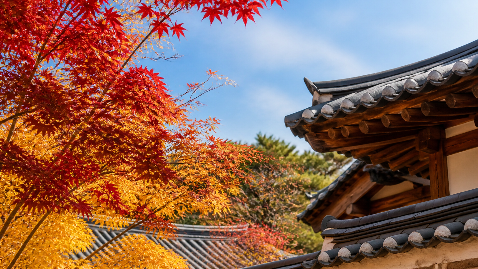 AI-generated illustration: hanok eaves and autumn leaves in Seoul