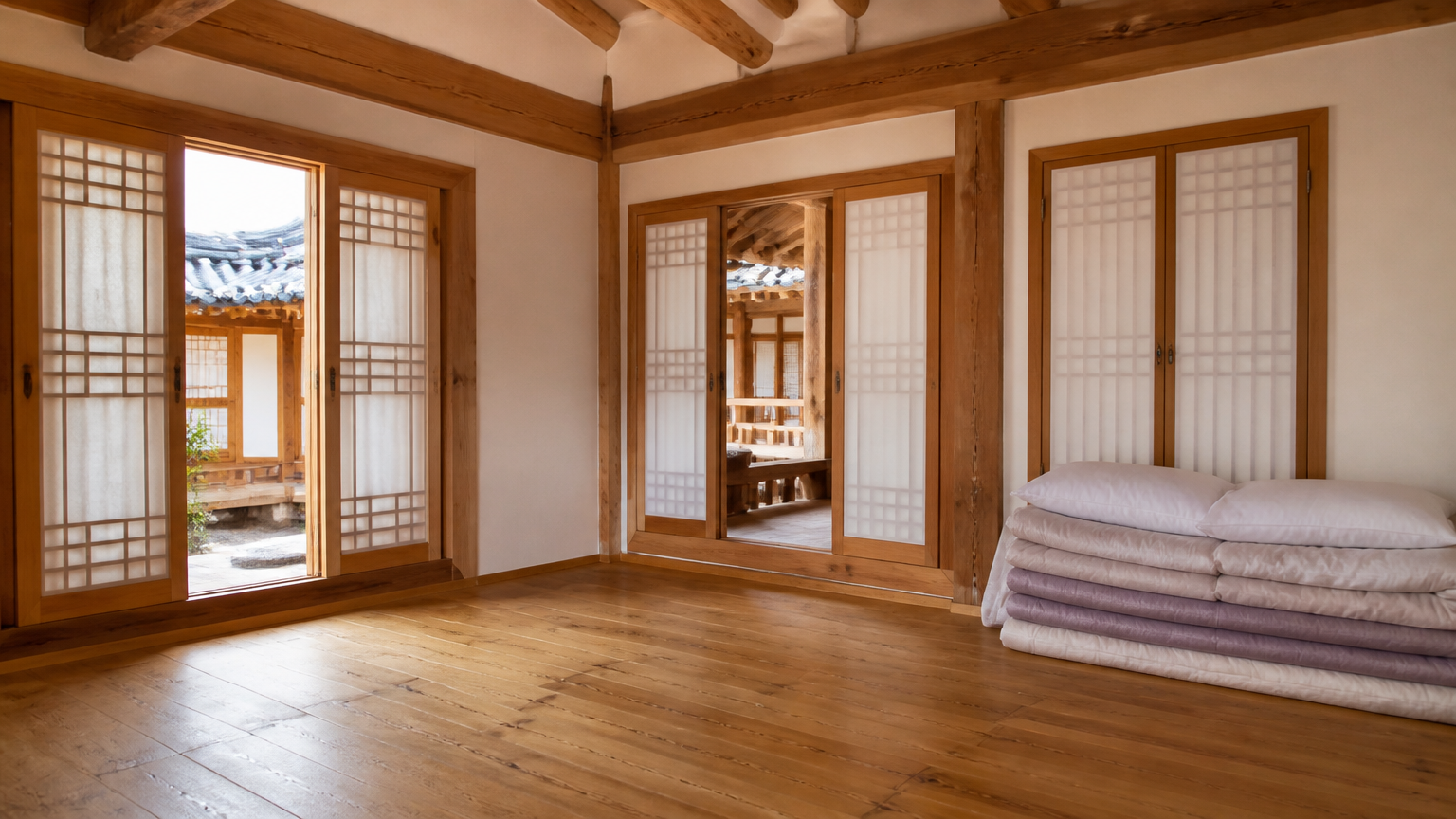 AI-generated illustration: an empty hanok guest room (not a real listing)