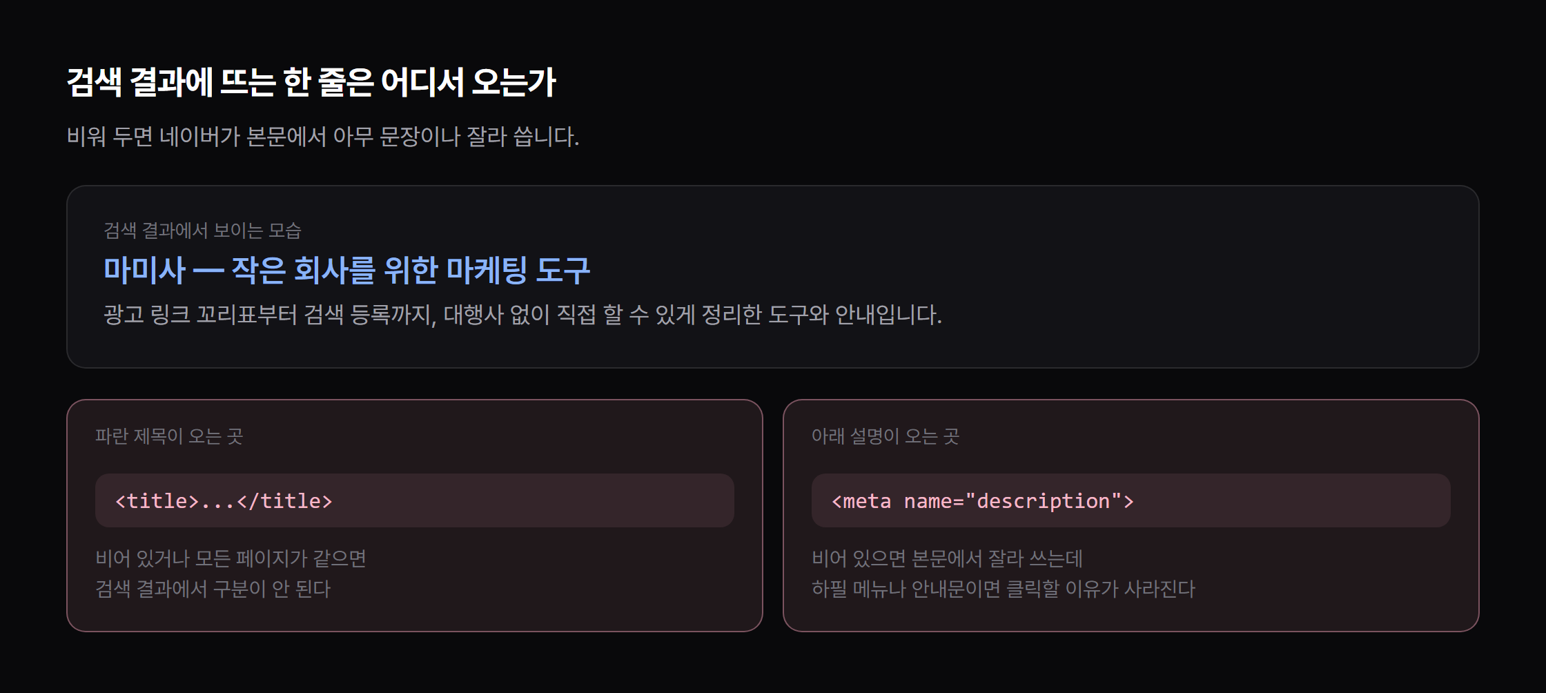 검색 결과 한 줄의 출처 — 제목은 title 태그, 설명은 meta description 에서 온다