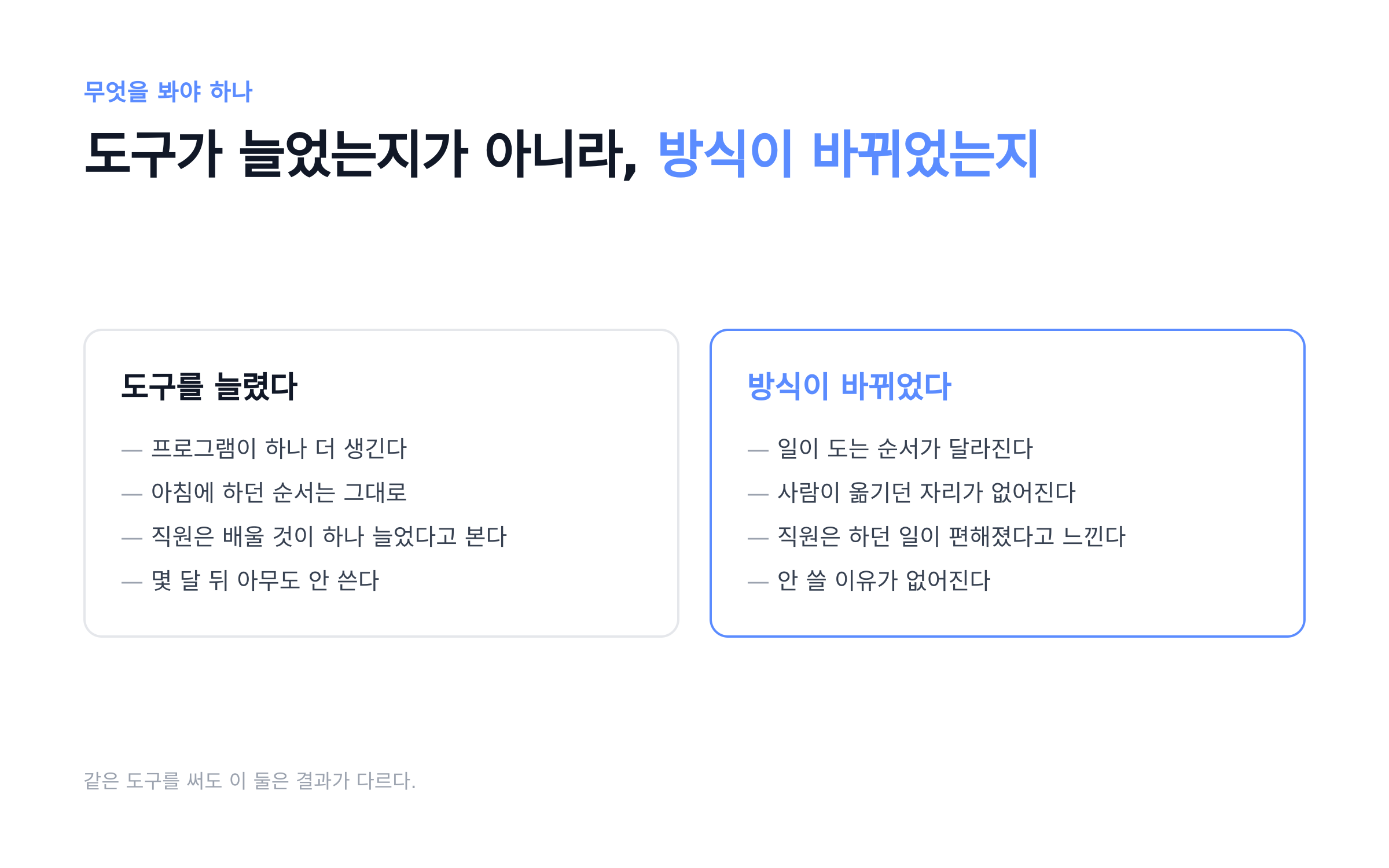 도구가 늘었는지가 아니라, 일하는 방식이 바뀌었는지