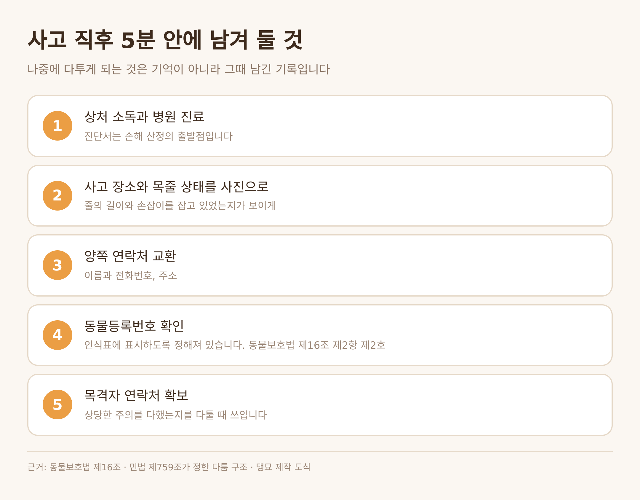 사고 직후 남겨 둘 다섯 가지 — 근거: 동물보호법 제16조 · 민법 제759조 · 댕묘 제작 도식