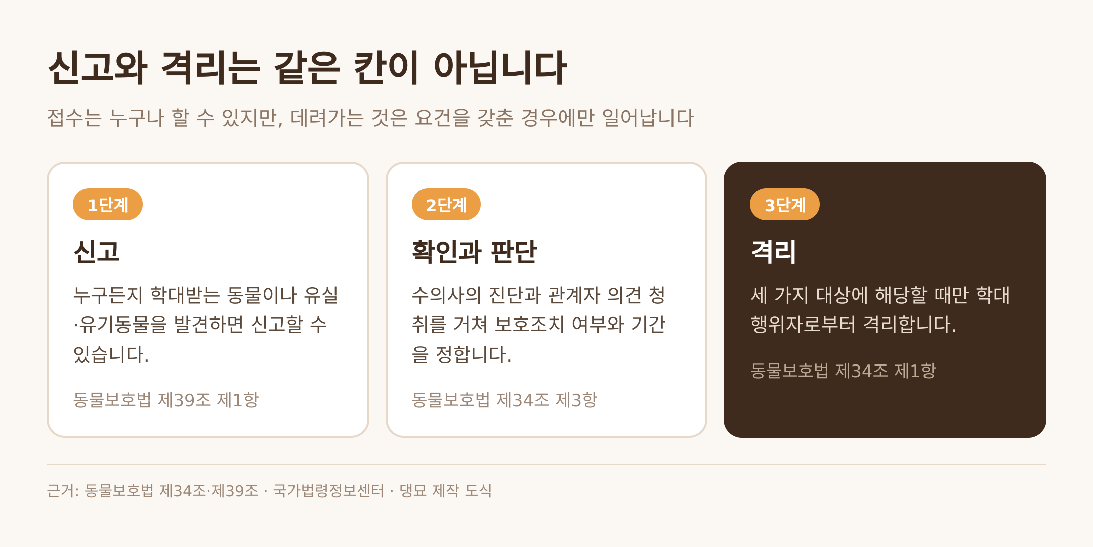 신고에서 격리까지의 세 단계 — 근거: 동물보호법 제34조·제39조 · 댕묘 제작 도식