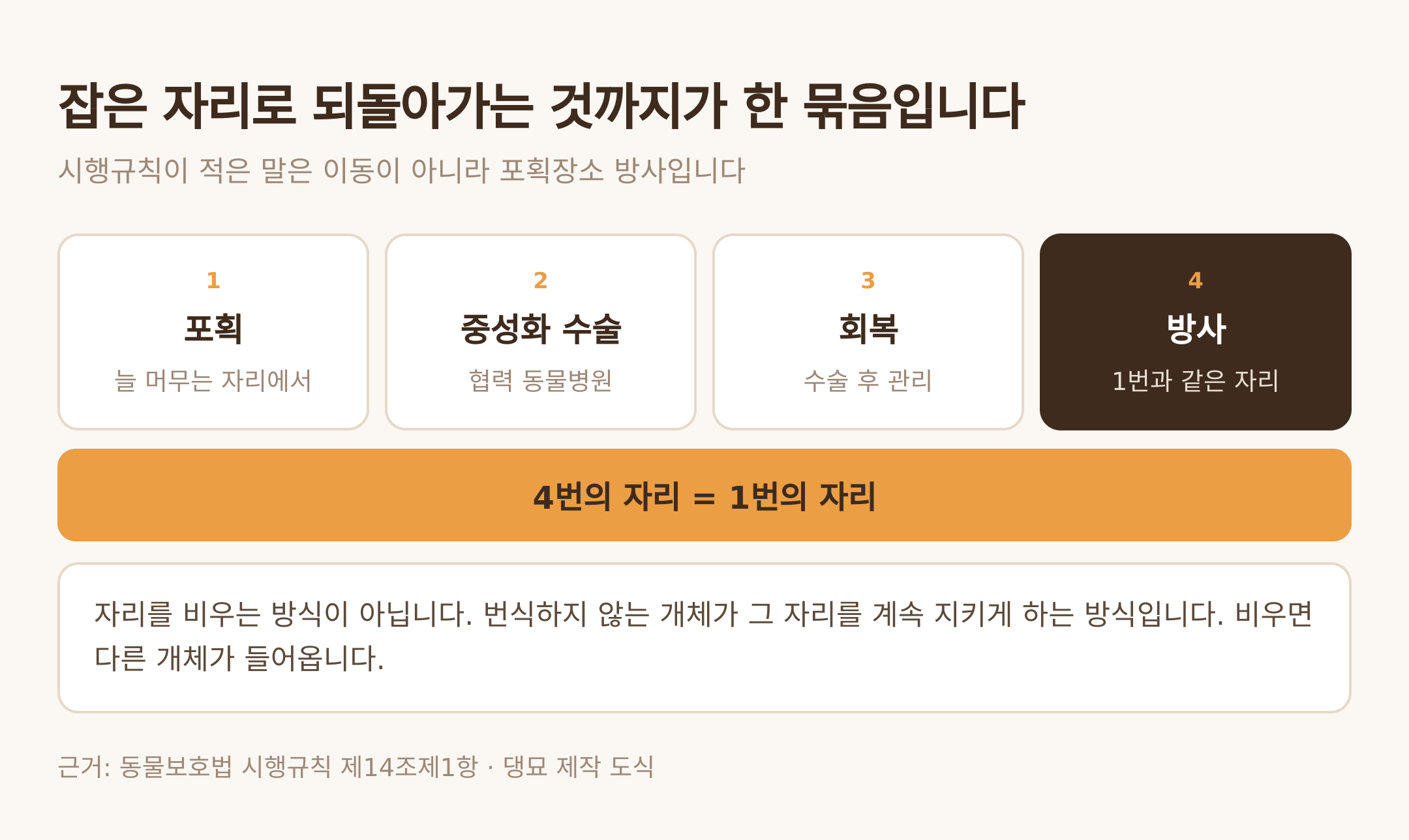 포획에서 방사까지, 같은 자리로 되돌아가는 순서. 근거: 동물보호법 시행규칙 제14조제1항 · 댕묘 제작 도식