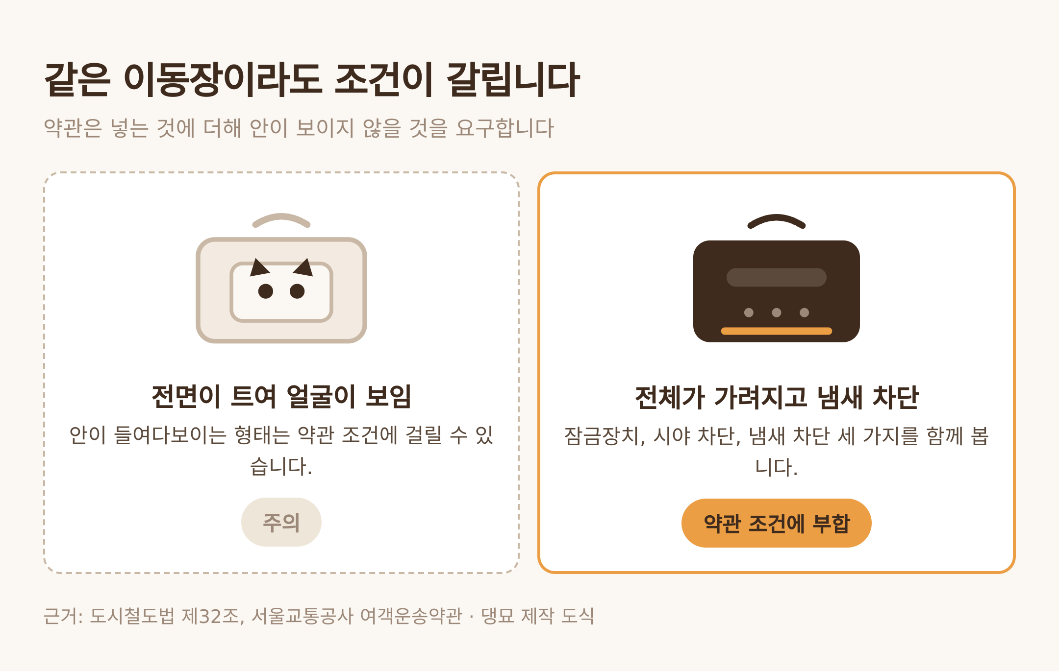 약관 조건으로 갈리는 두 형태. 근거: 도시철도법 제32조, 서울교통공사 여객운송약관 · 댕묘 제작 도식