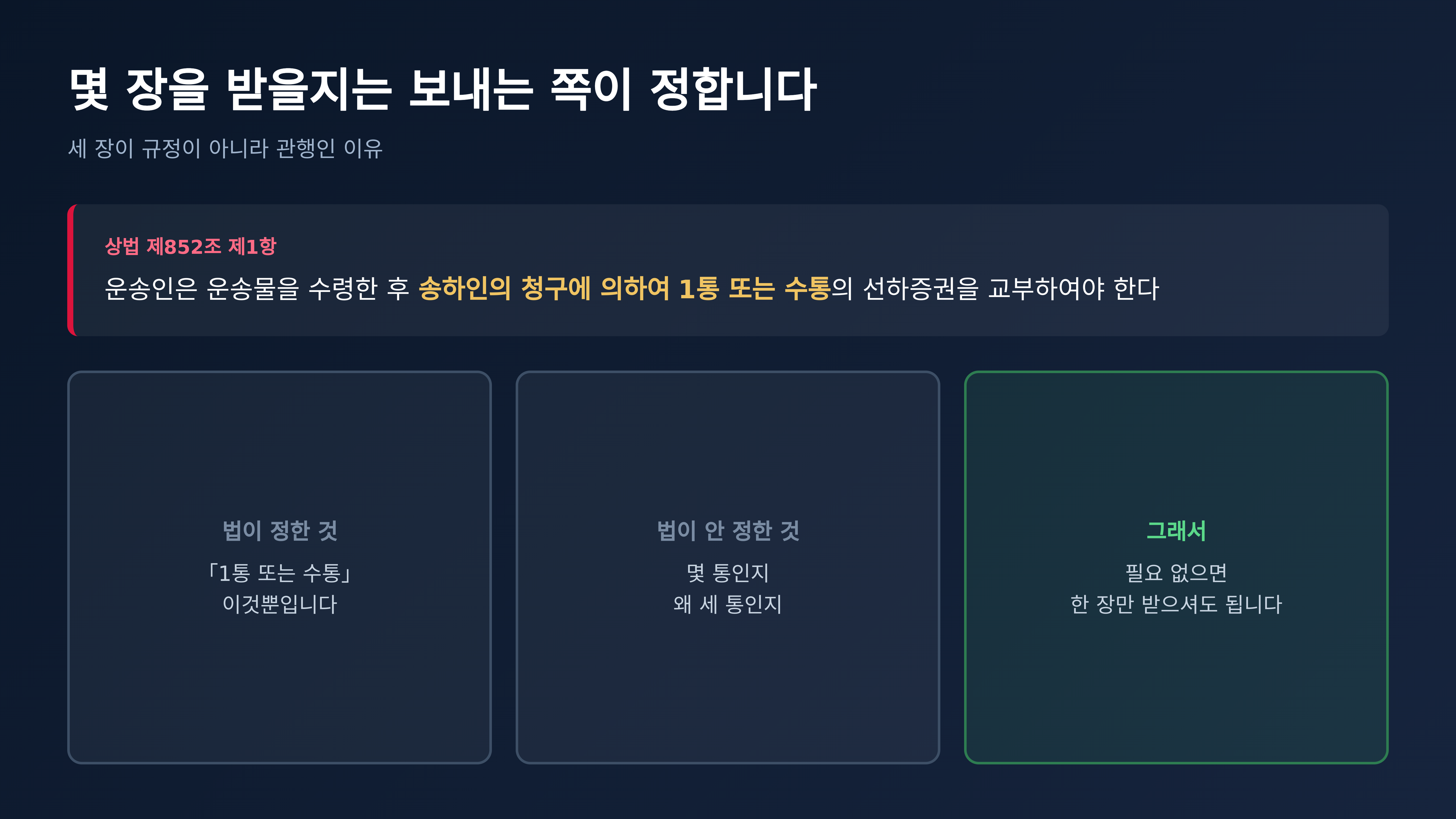 몇 장을 받을지는 보내는 쪽이 정합니다 (출처 : 국가법령정보센터 상법 제852조)