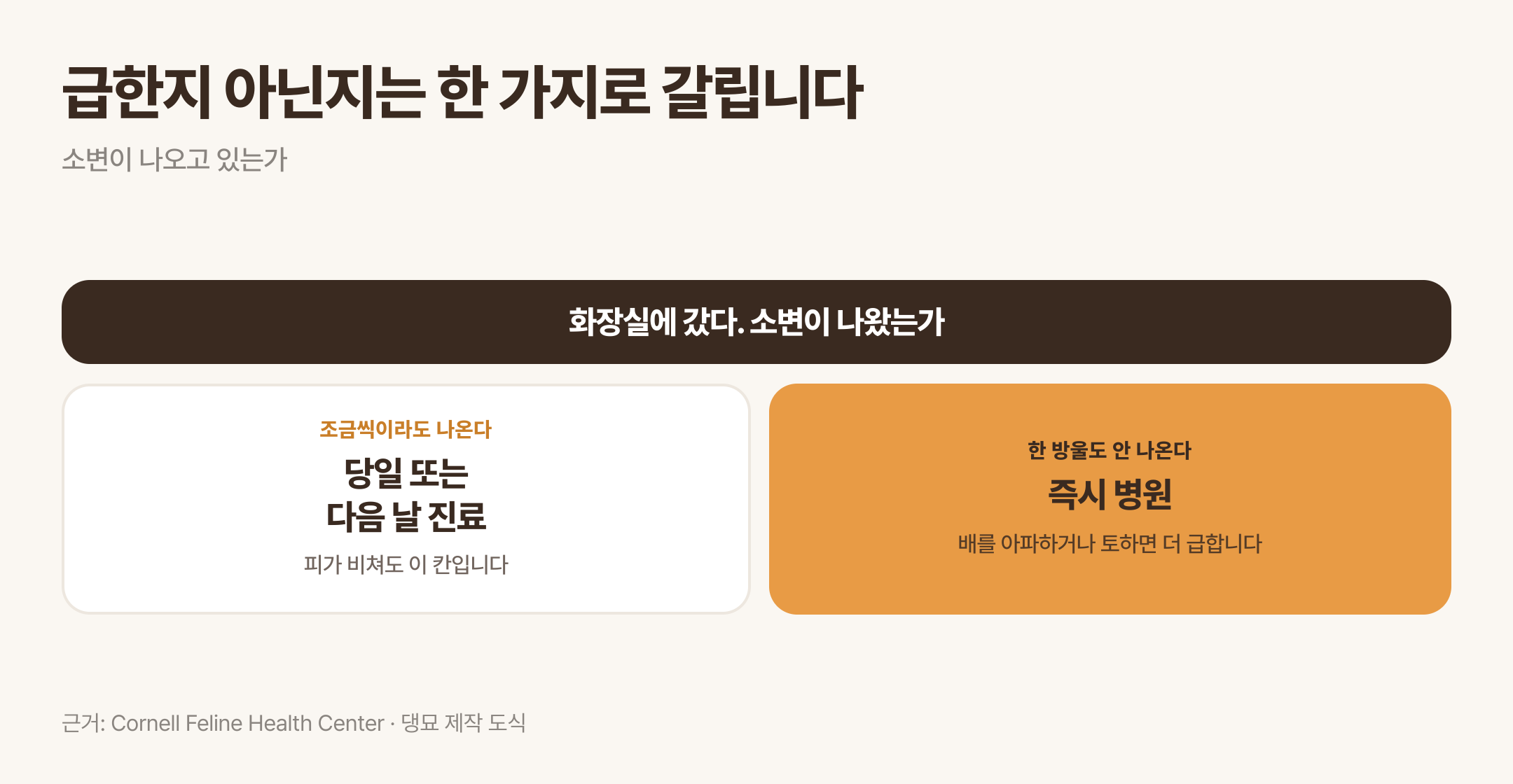소변이 나오는지로 갈리는 응급 판단. 근거: Cornell Feline Health Center · 댕묘 제작 도식