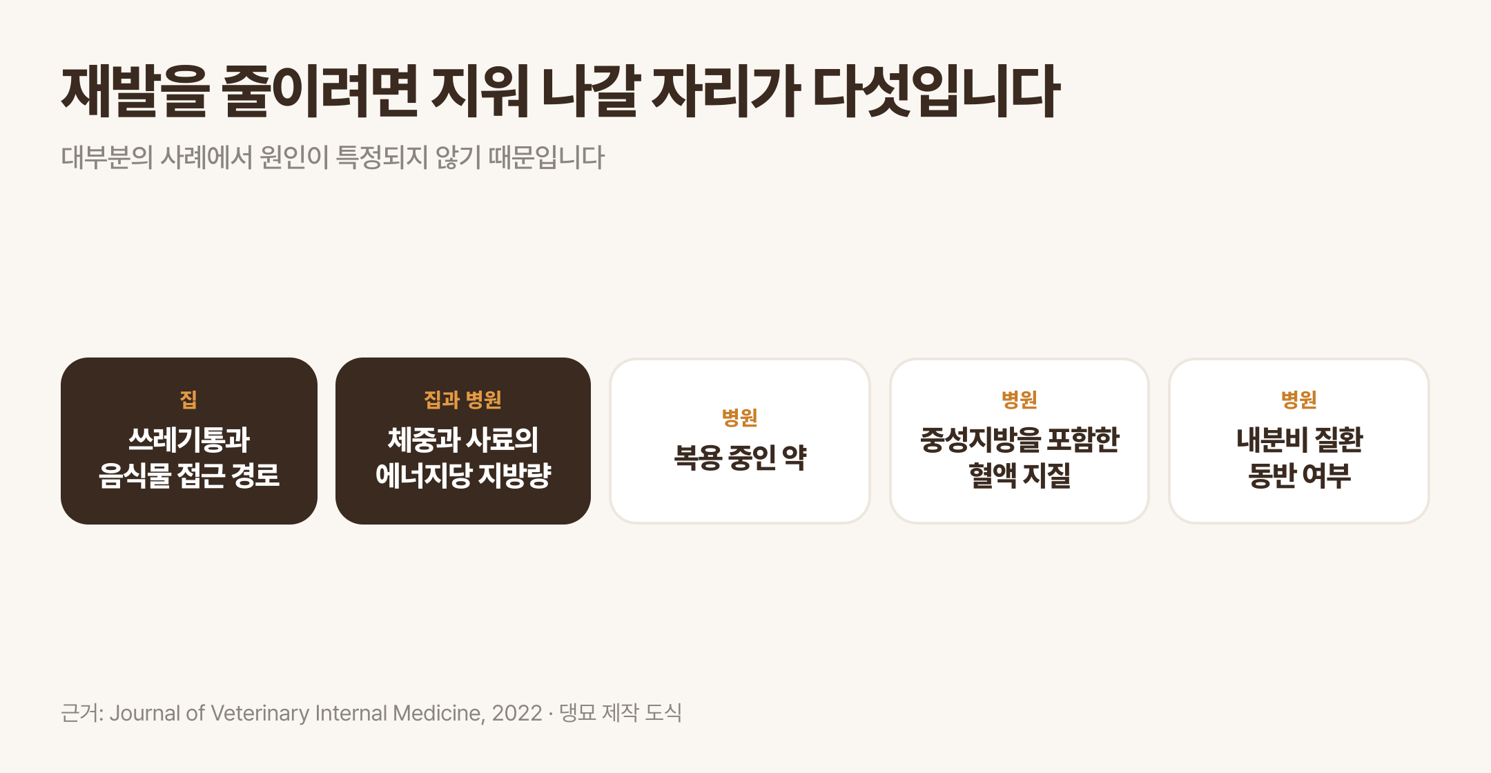 재발을 줄이기 위해 지워 나갈 다섯 자리. 근거: Journal of Veterinary Internal Medicine, 2022 · 댕묘 제작 도식