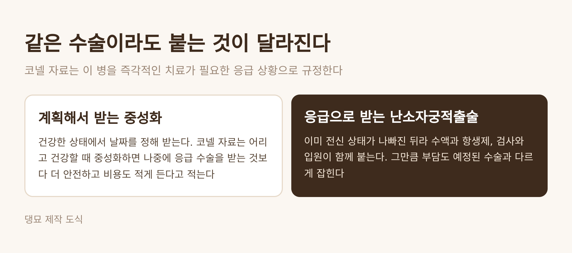 계획해 받는 수술과 응급으로 받는 수술의 차이 (댕묘 제작 도식)