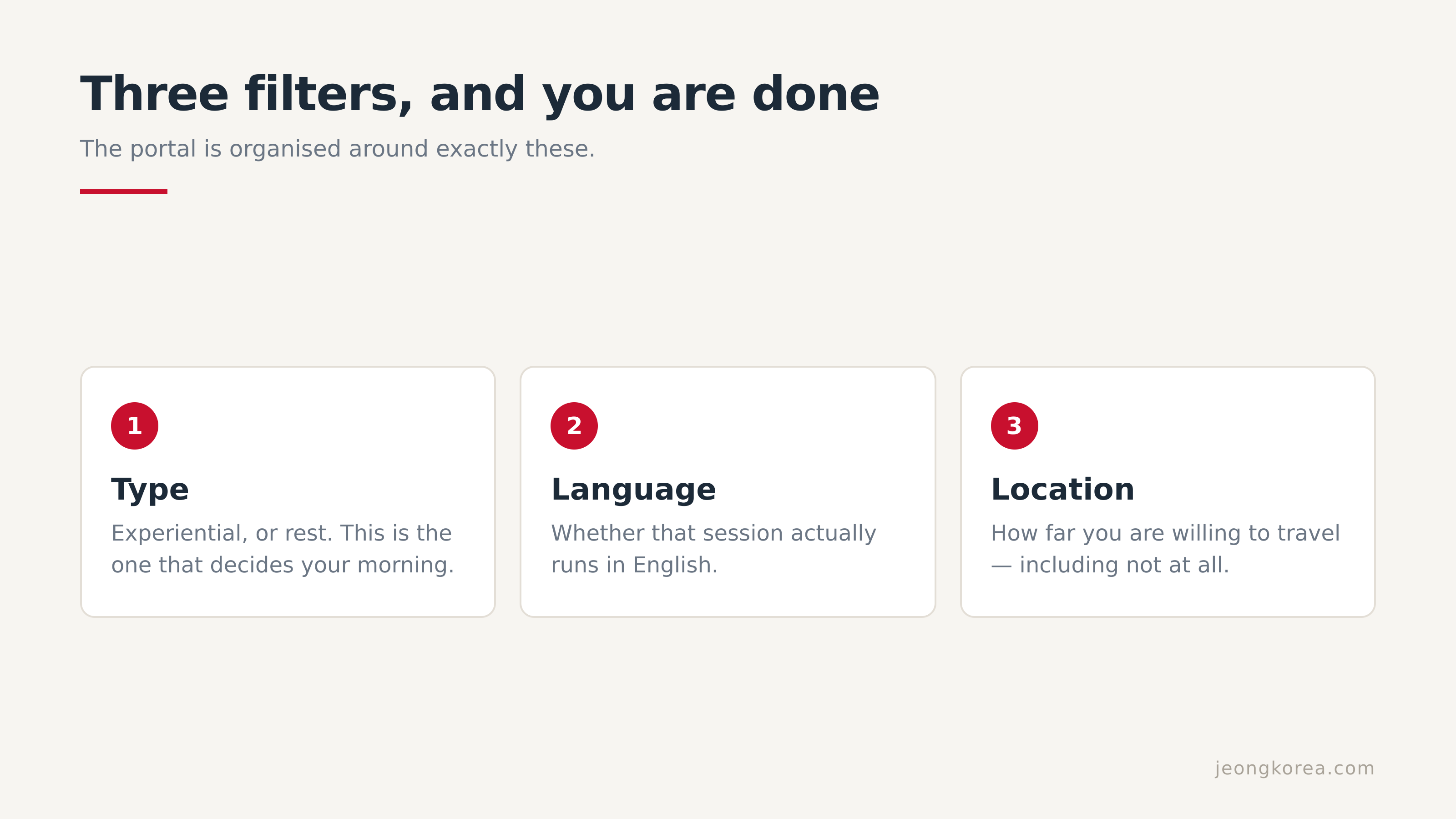Type, language, distance — the three filters the portal is built around.