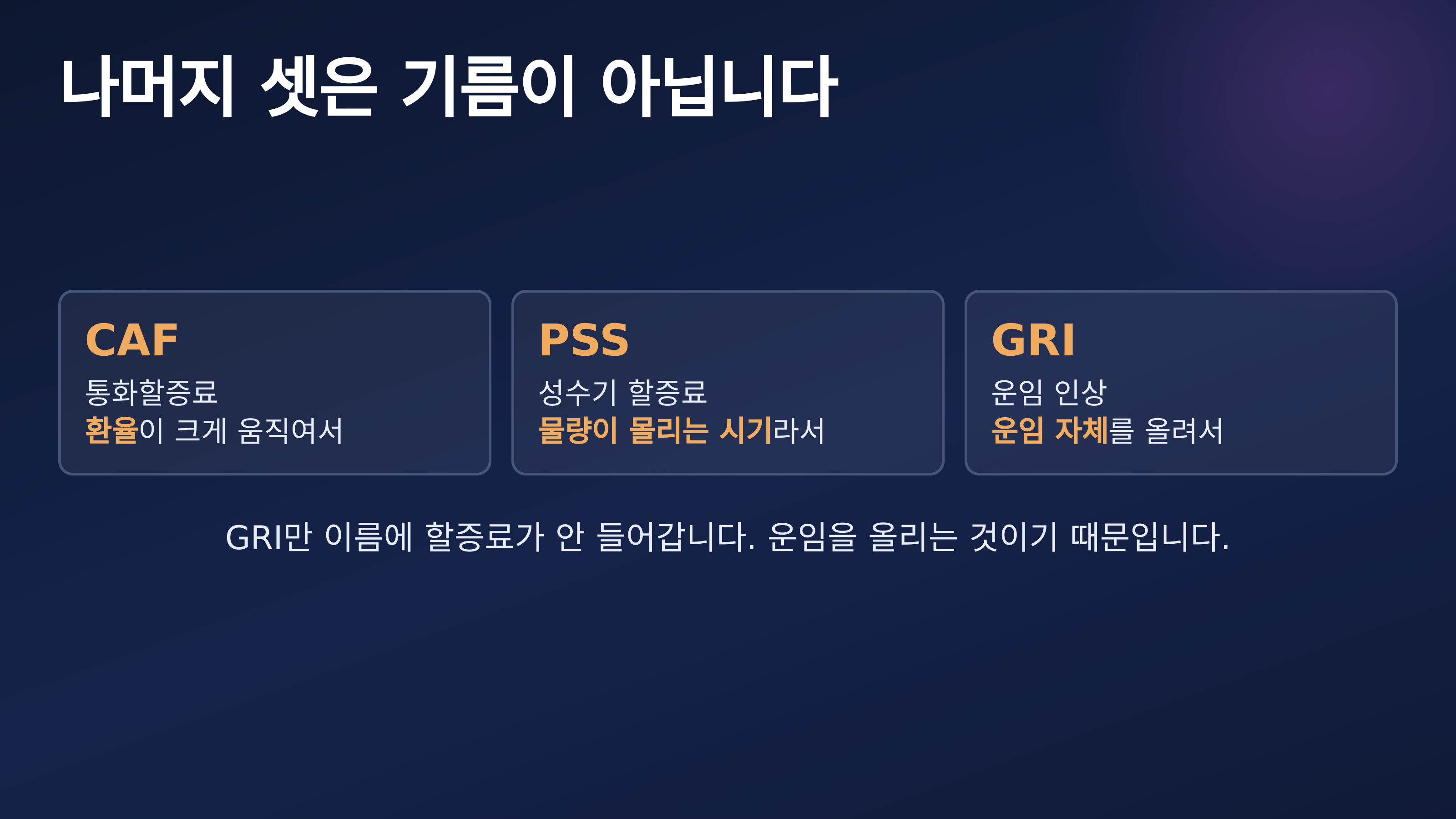나머지 셋은 기름이 아니라 환율·시기·운임 이야기입니다