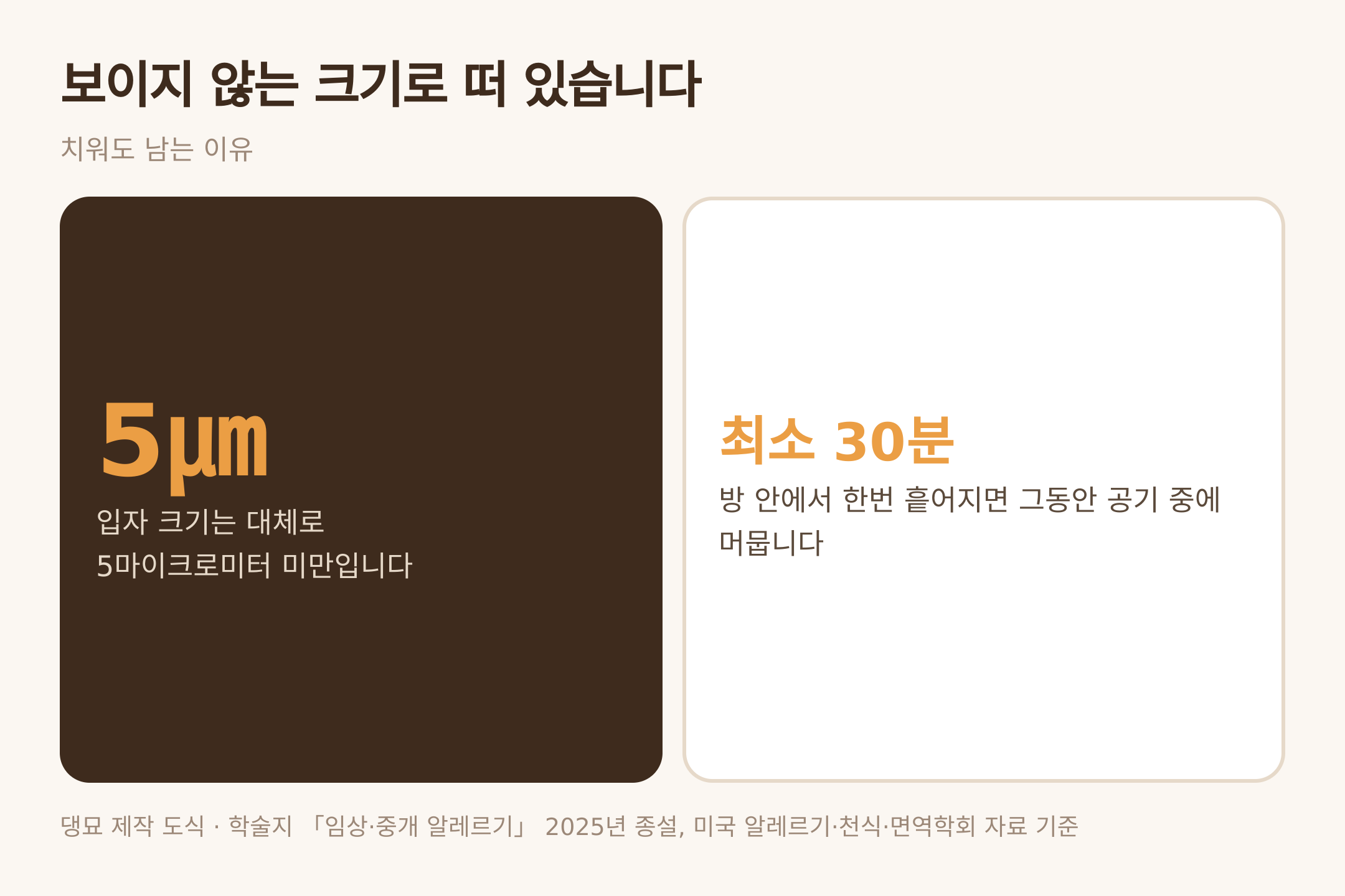 입자 크기와 공기 중 체류 시간 — 댕묘 제작 도식 (학술지 「임상·중개 알레르기」 2025년 종설, 미국 알레르기·천식·면역학회 자료 기준)