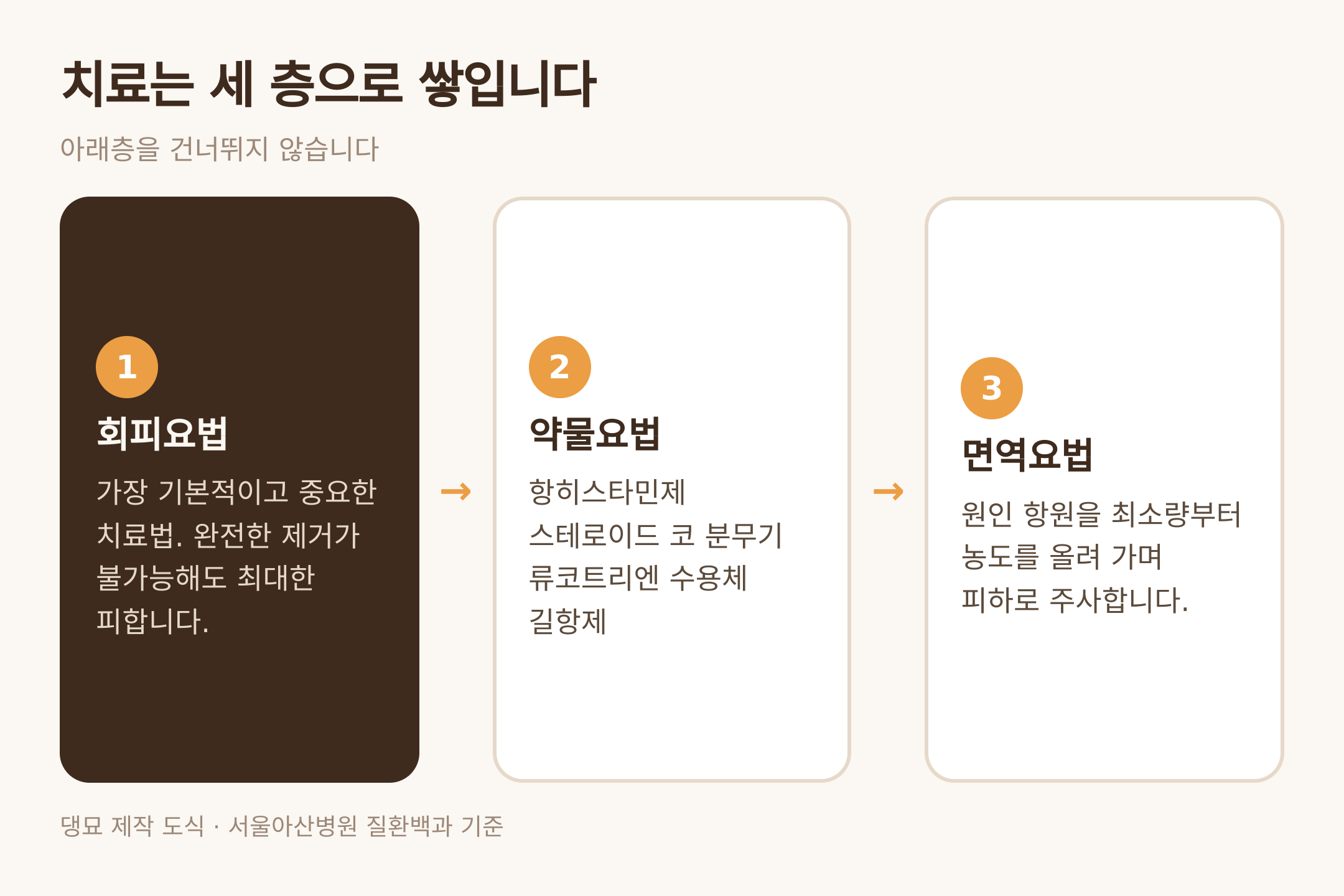 회피·약물·면역요법의 세 층 — 댕묘 제작 도식 (서울아산병원 질환백과 기준)