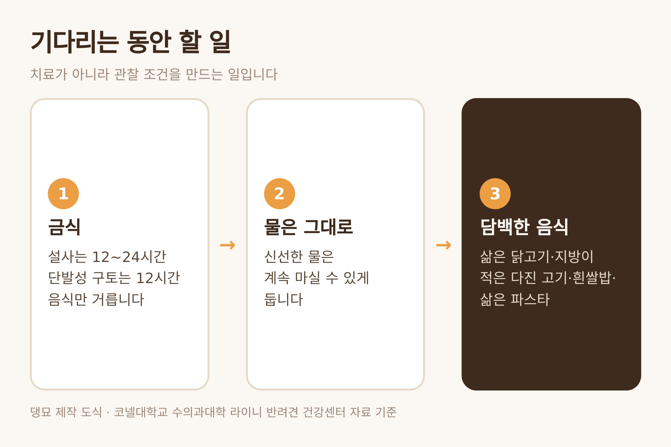 기다리는 동안의 가정 관리 순서 — 댕묘 제작 도식 (코넬대학교 라이니 반려견 건강센터 자료 기준)
