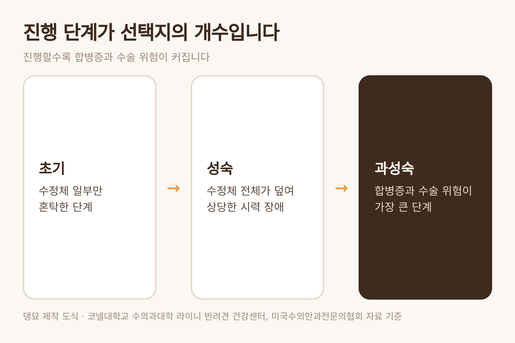 백내장의 진행 3단계 — 댕묘 제작 도식 (코넬대학교 라이니 반려견 건강센터·미국수의안과전문의협회 자료 기준)