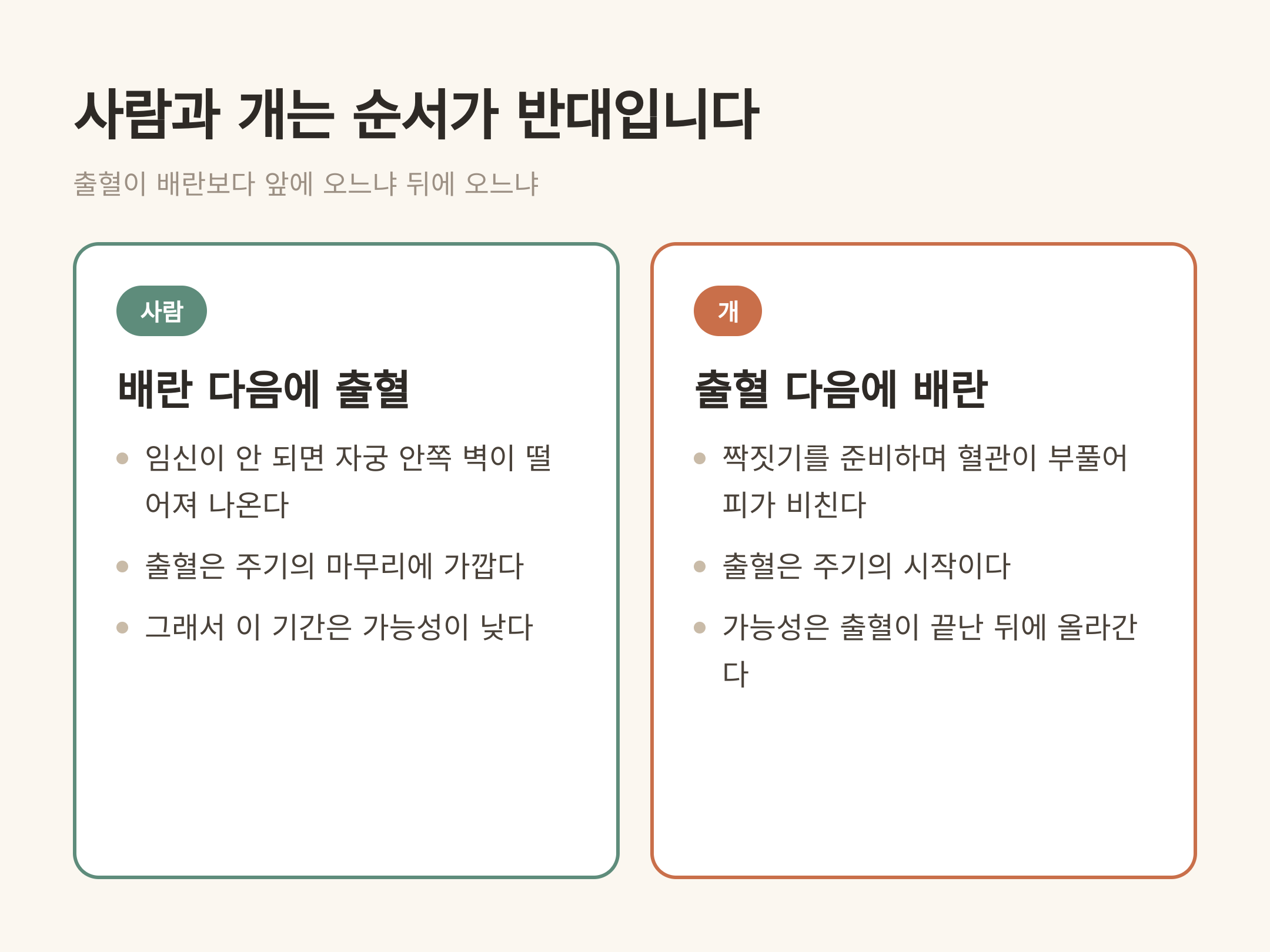 사람은 배란 다음에 출혈, 개는 출혈 다음에 배란입니다
