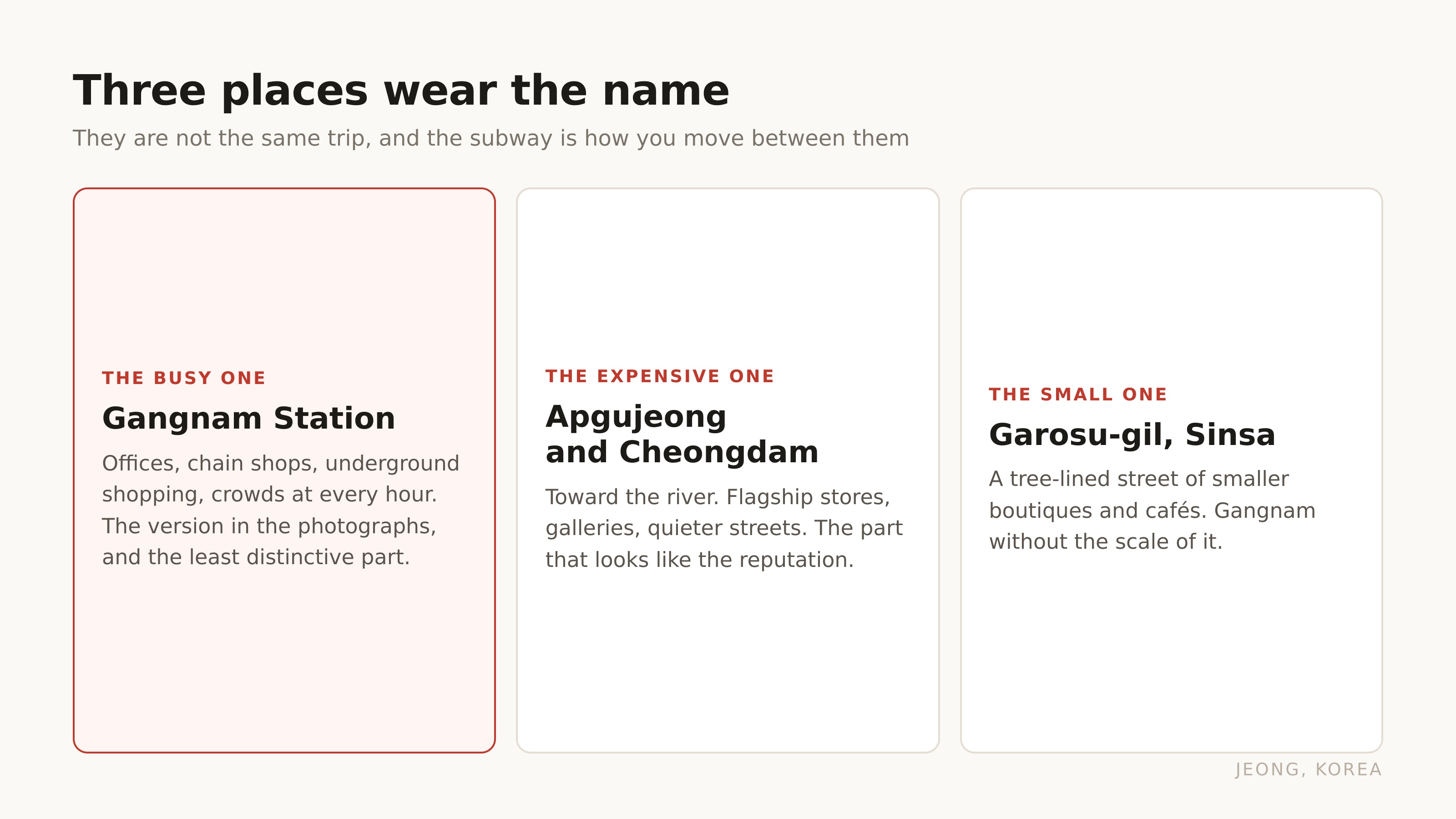 Three places wear the name, and they are not the same trip.