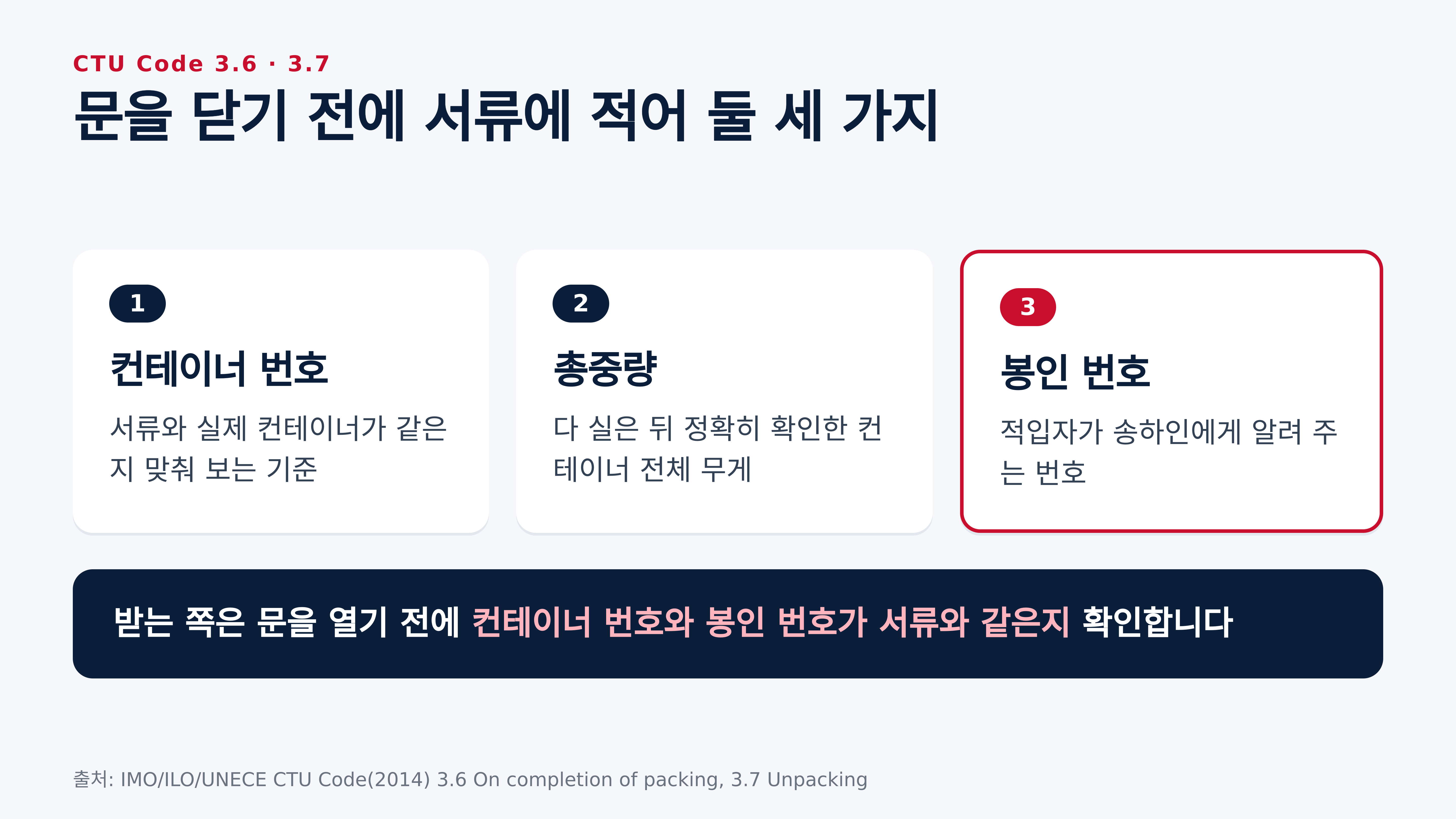 문 닫기 전에 적어 둘 컨테이너 번호, 총중량, 봉인 번호 (CTU Code 3.6, 3.7)