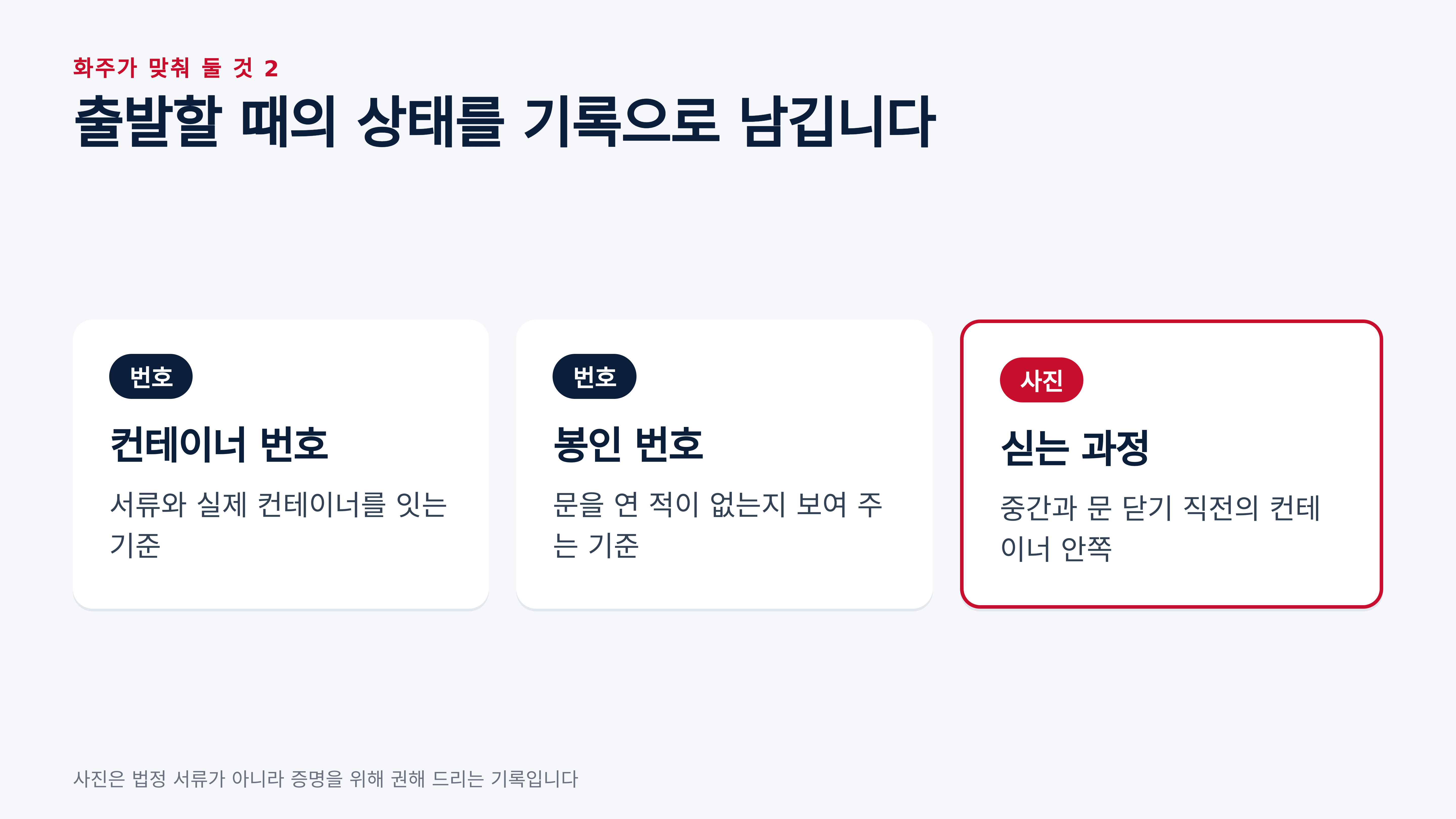 출발할 때의 상태를 보여 주는 컨테이너 번호, 봉인 번호, 싣는 과정 사진
