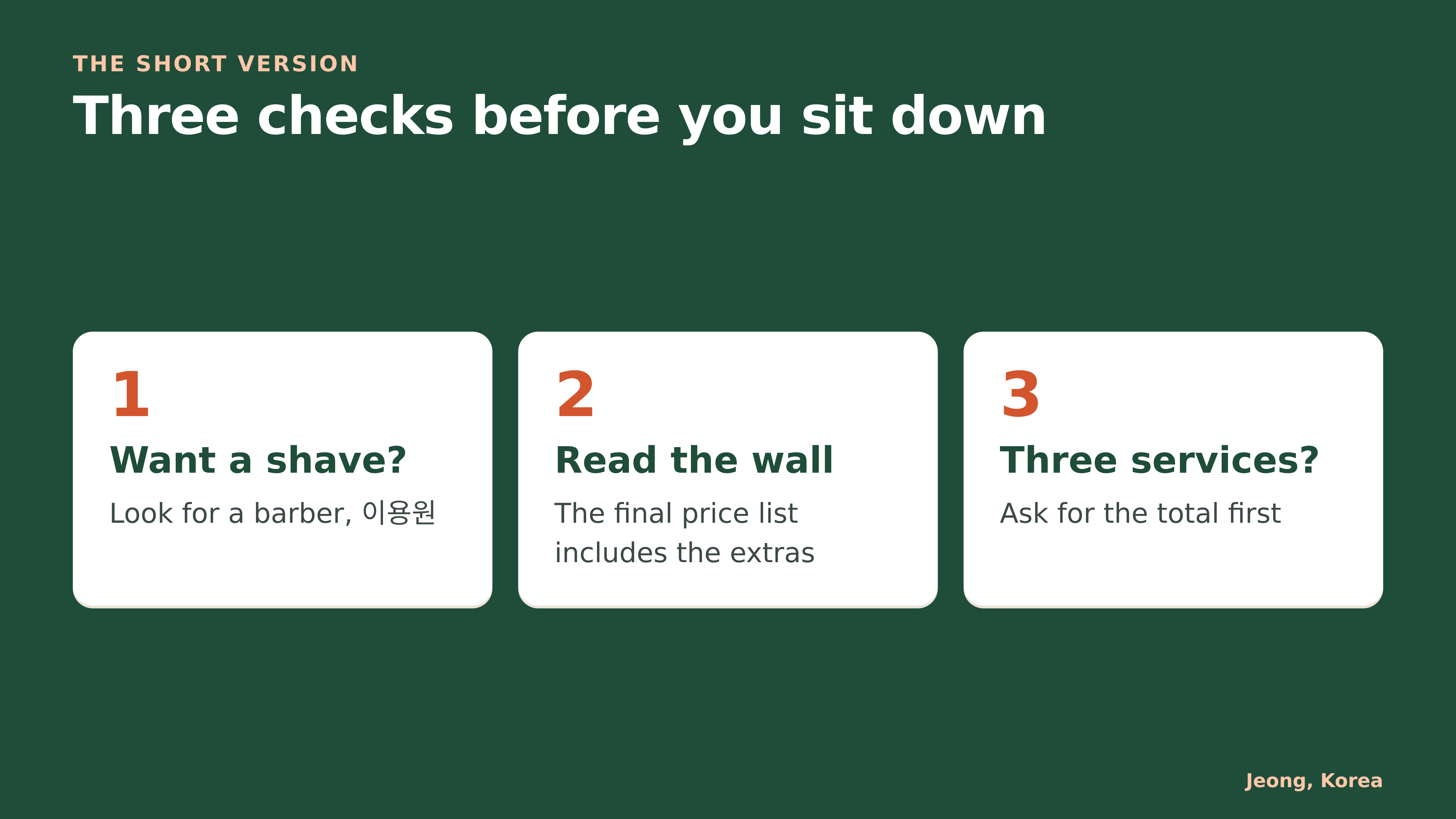 Diagram: three checks before you sit down at a Seoul hair salon