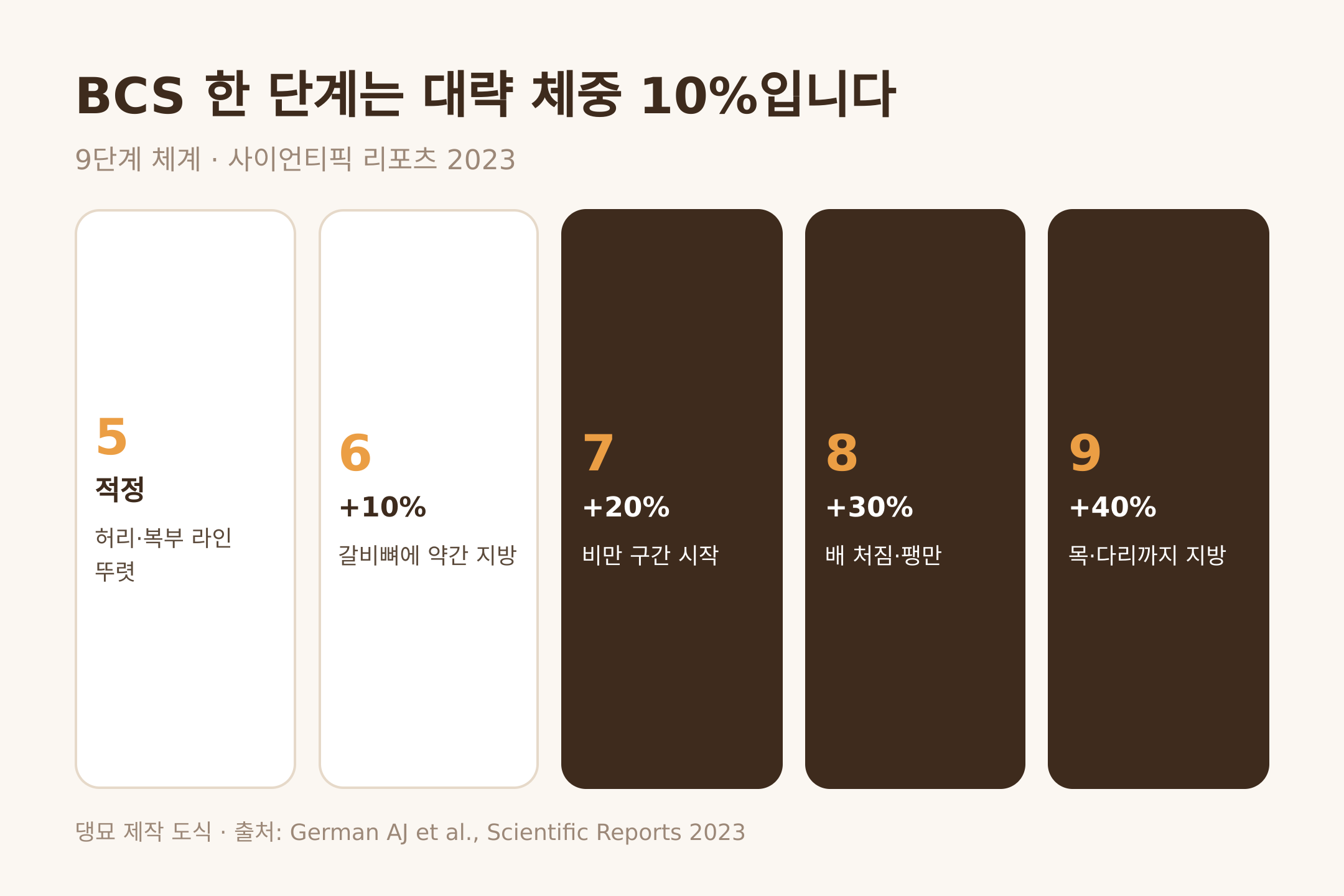 댕묘 제작 도식. BCS 5에서 9까지 단계마다 약 10%씩 늘어나는 초과 체중