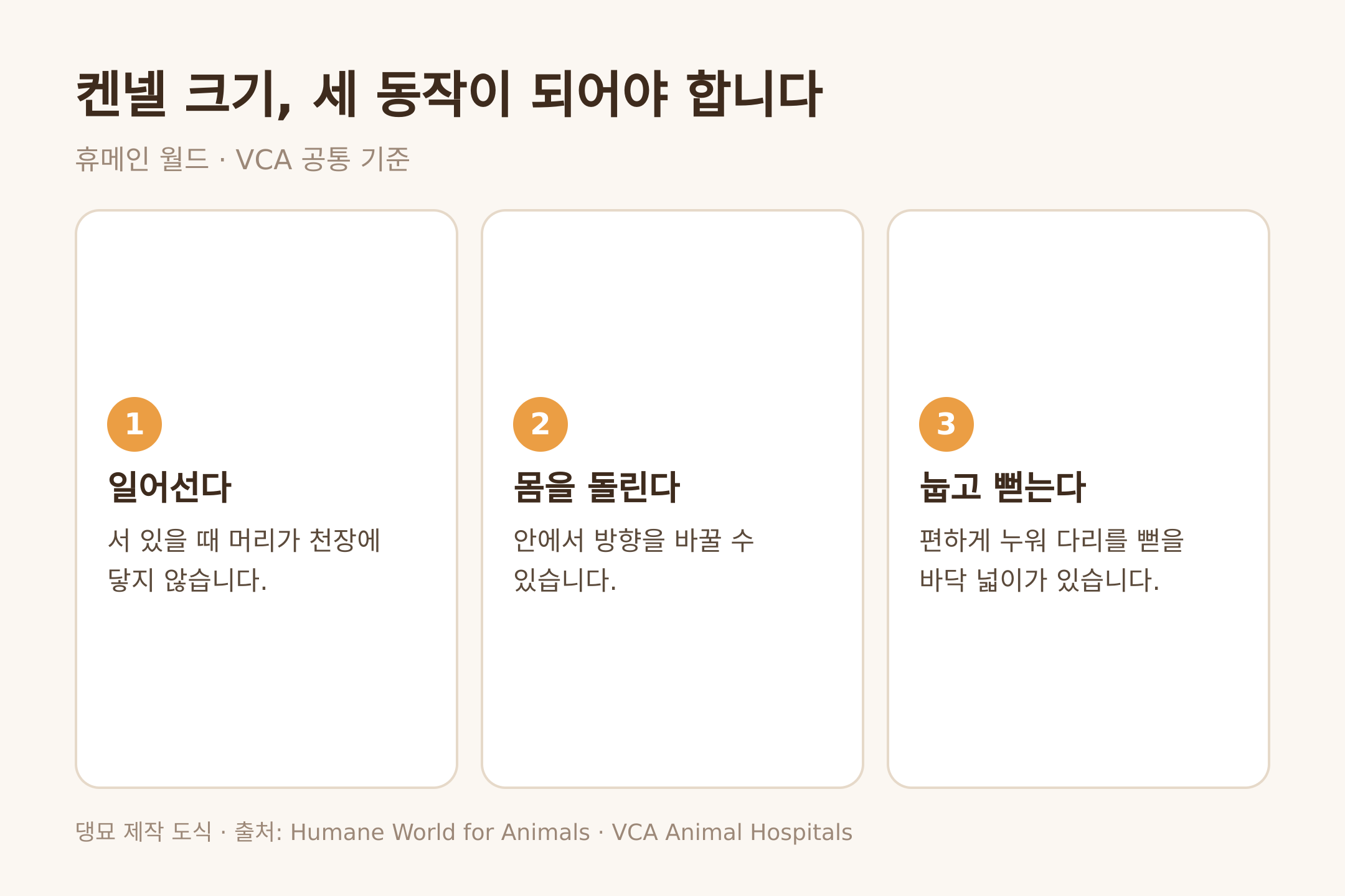 댕묘 제작 도식. 켄넬 크기의 세 가지 조건, 휴메인 월드와 VCA