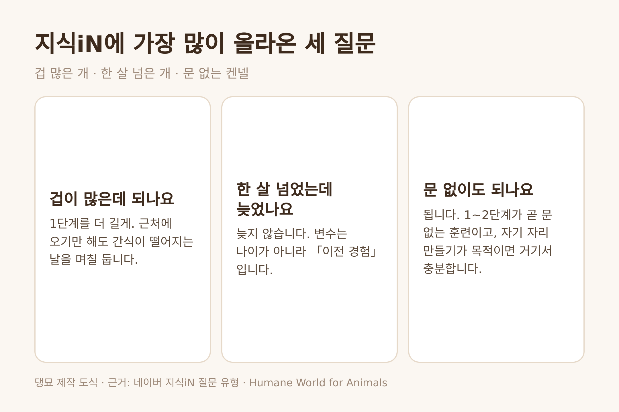 댕묘 제작 도식. 겁 많은 개와 한 살 넘은 개와 문 없는 켄넬에 대한 답