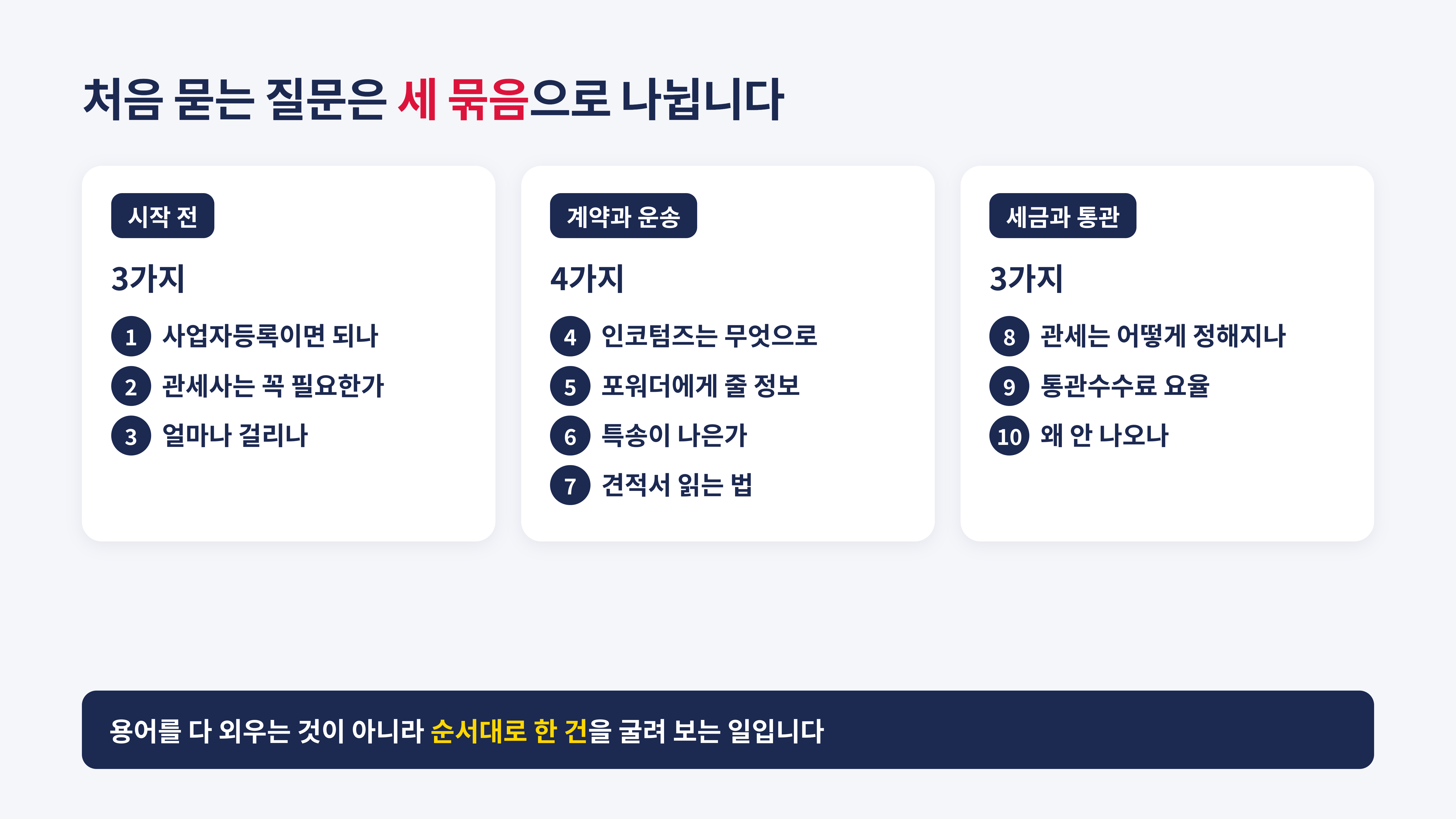 처음 나오는 질문 열 가지를 세 묶음으로 나눠 봤습니다