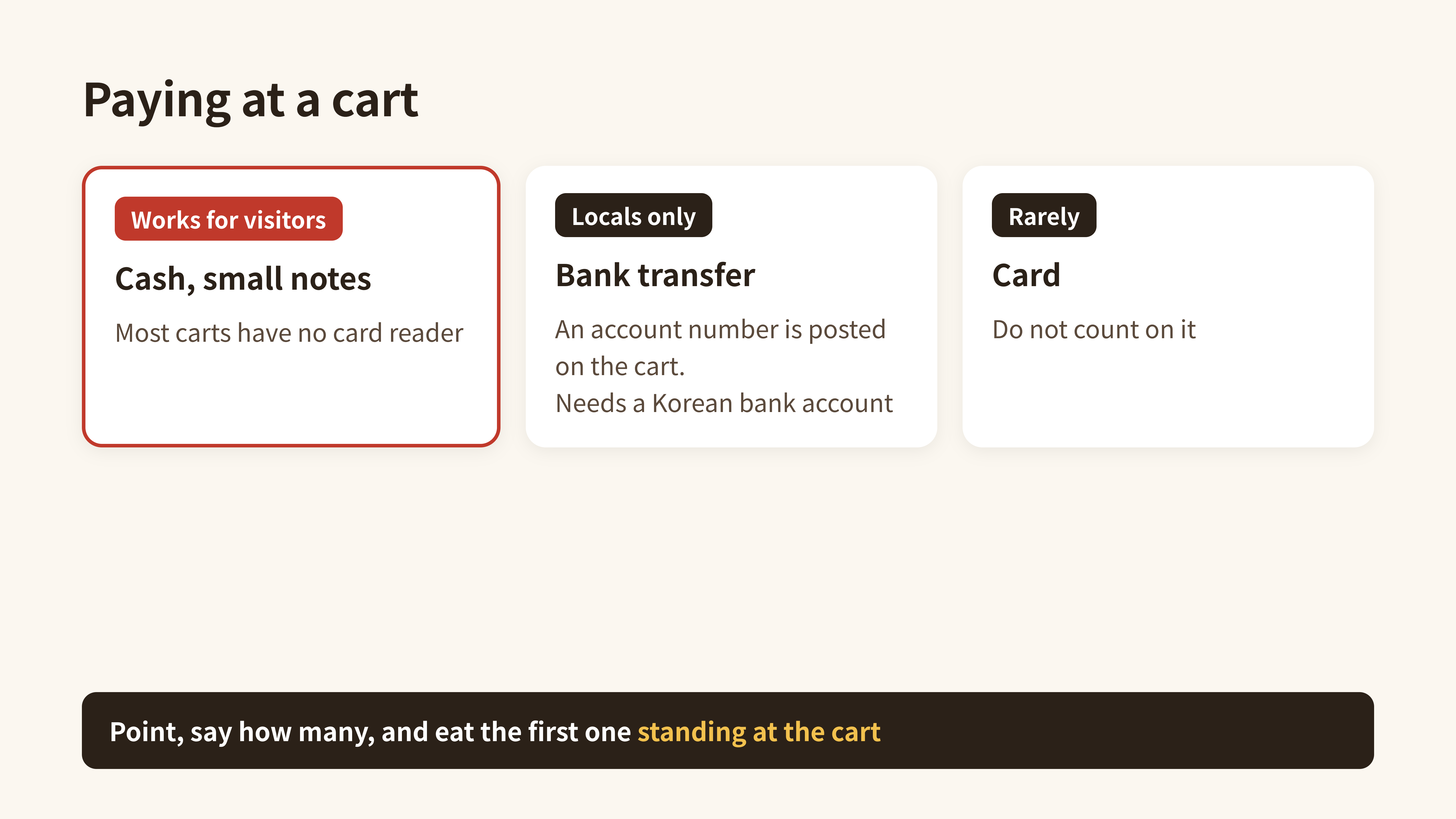 Diagram: three ways to pay at a street cart