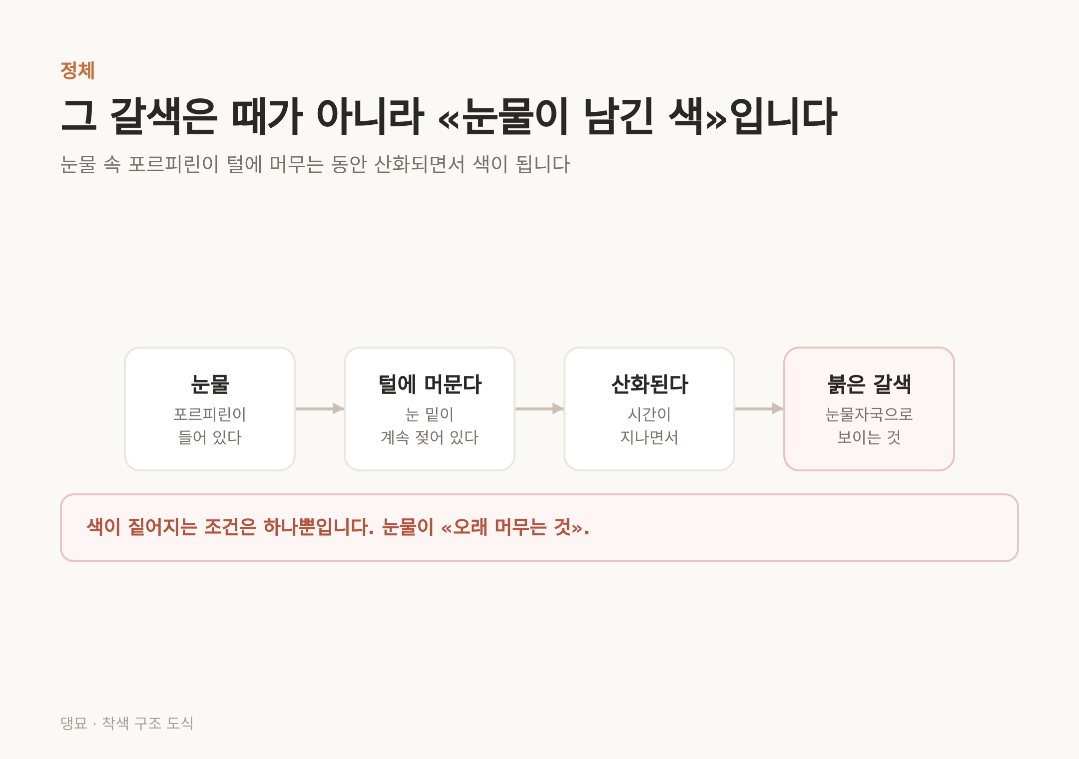눈물 속 포르피린이 털에 머무는 동안 산화되어 붉은 갈색이 된다