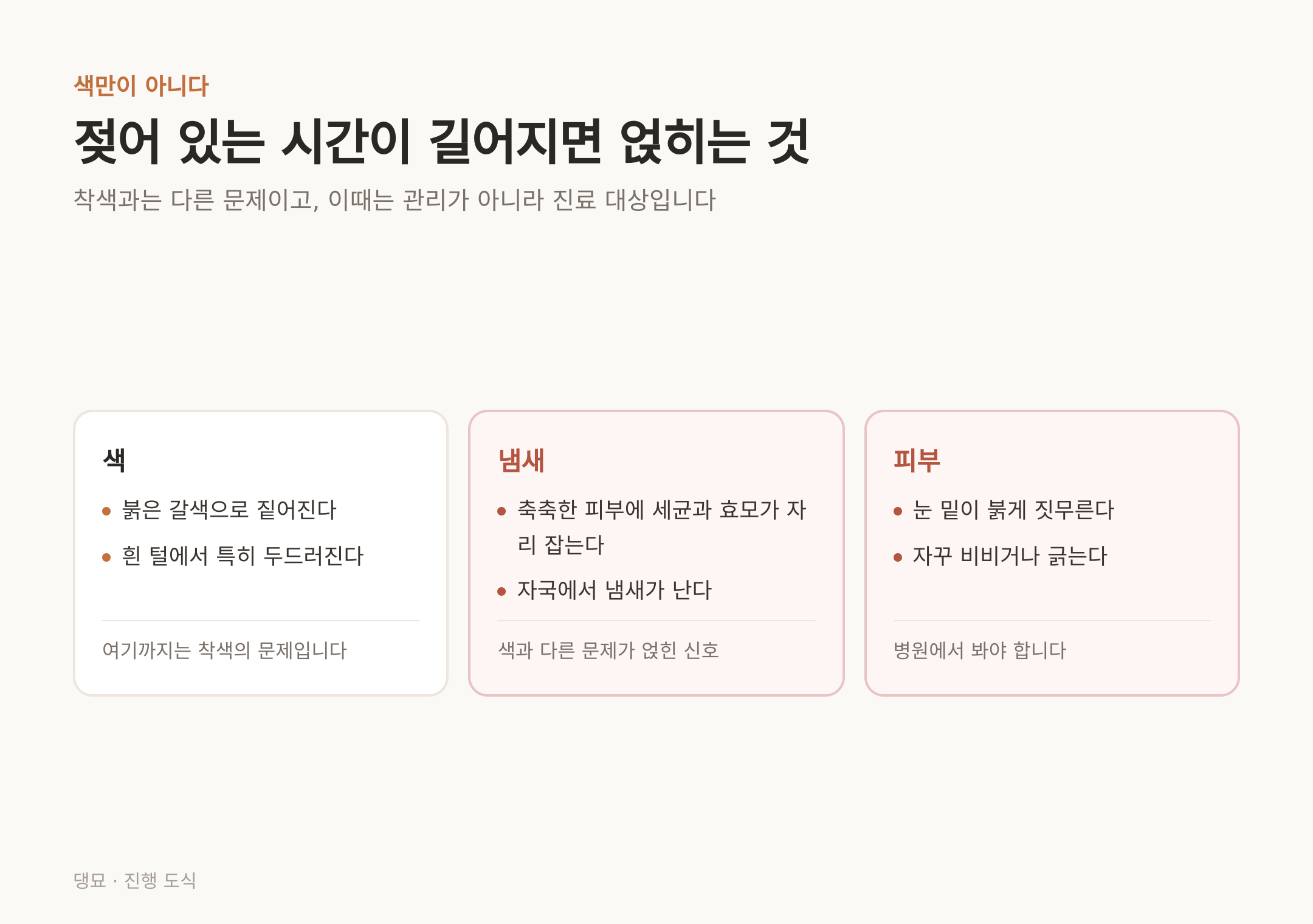 젖어 있는 시간이 길어지면 색 뒤에 냄새와 짓무름이 얹힌다
