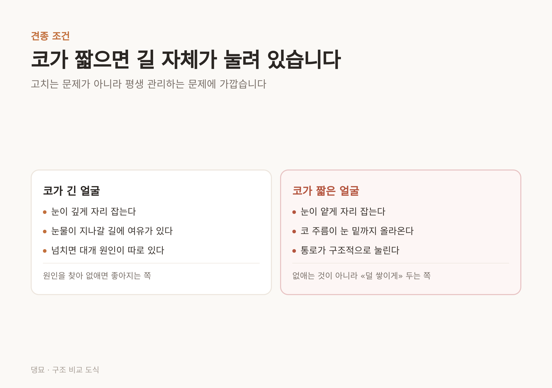 코가 짧은 얼굴은 눈물이 지나갈 길 자체가 구조적으로 눌려 있다