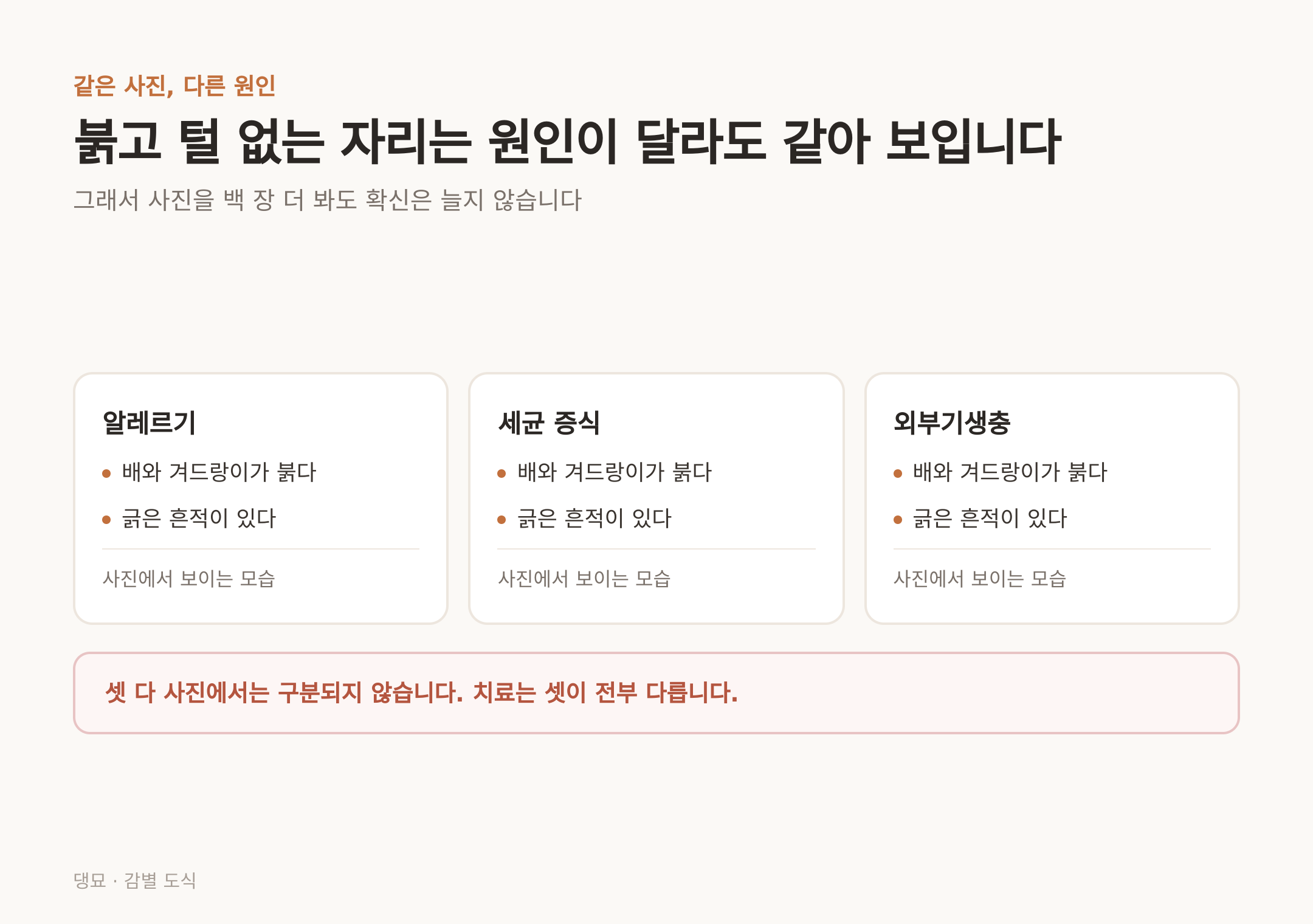 세 가지 원인이 사진에서는 똑같이 보인다 — 치료는 셋이 전부 다르다