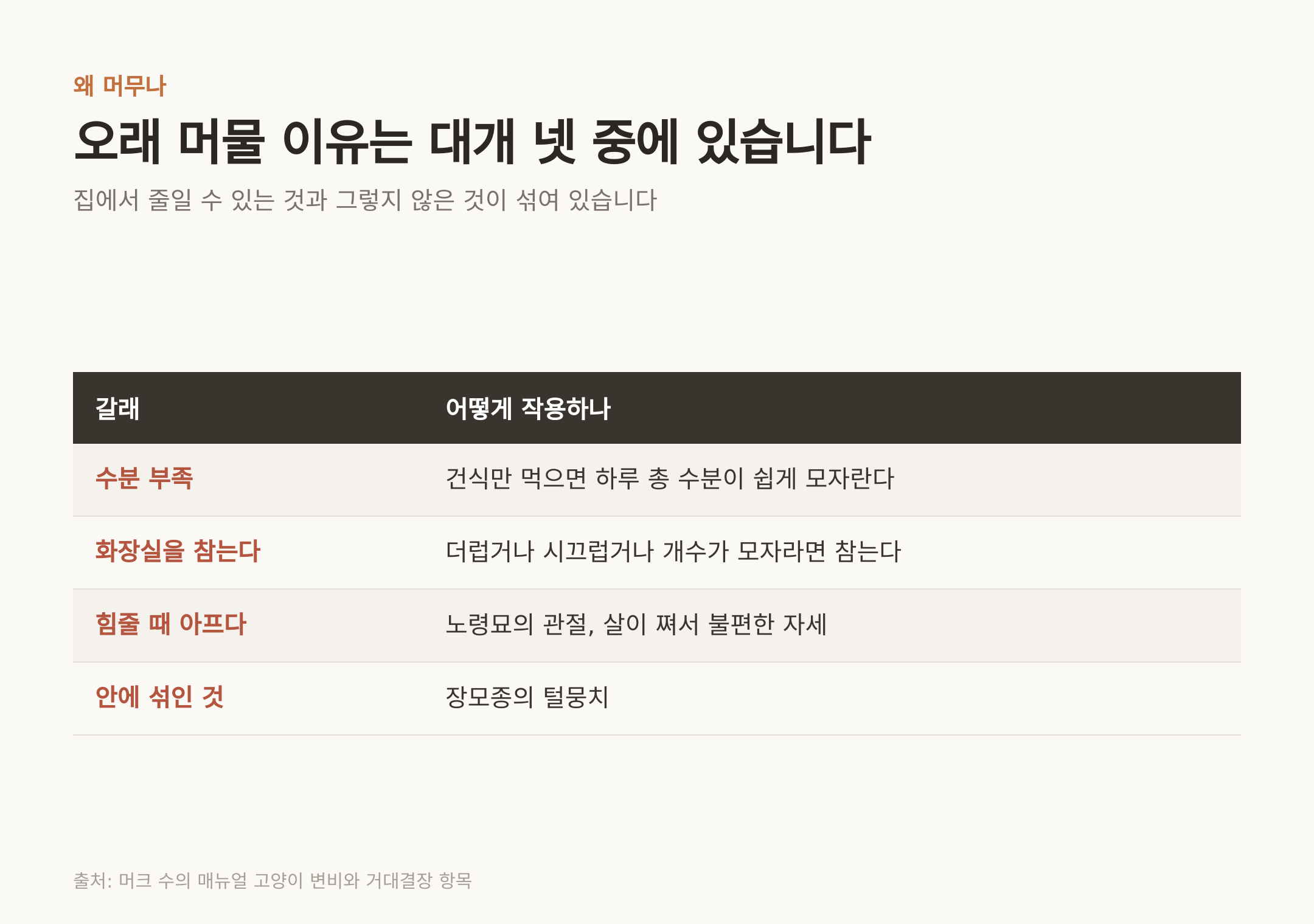 오래 머물 이유 네 갈래 (출처: 머크 수의 매뉴얼 고양이 변비와 거대결장 항목)