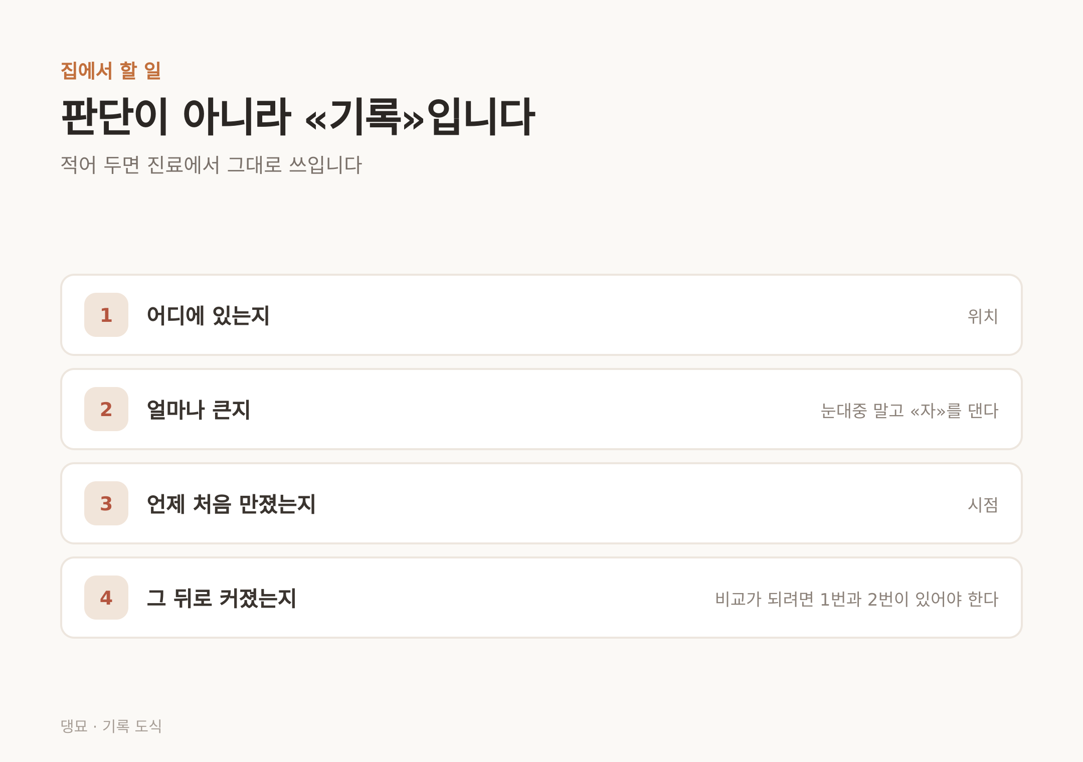 적어 두면 진료에서 그대로 쓰인다 — 위치와 크기와 시점과 변화