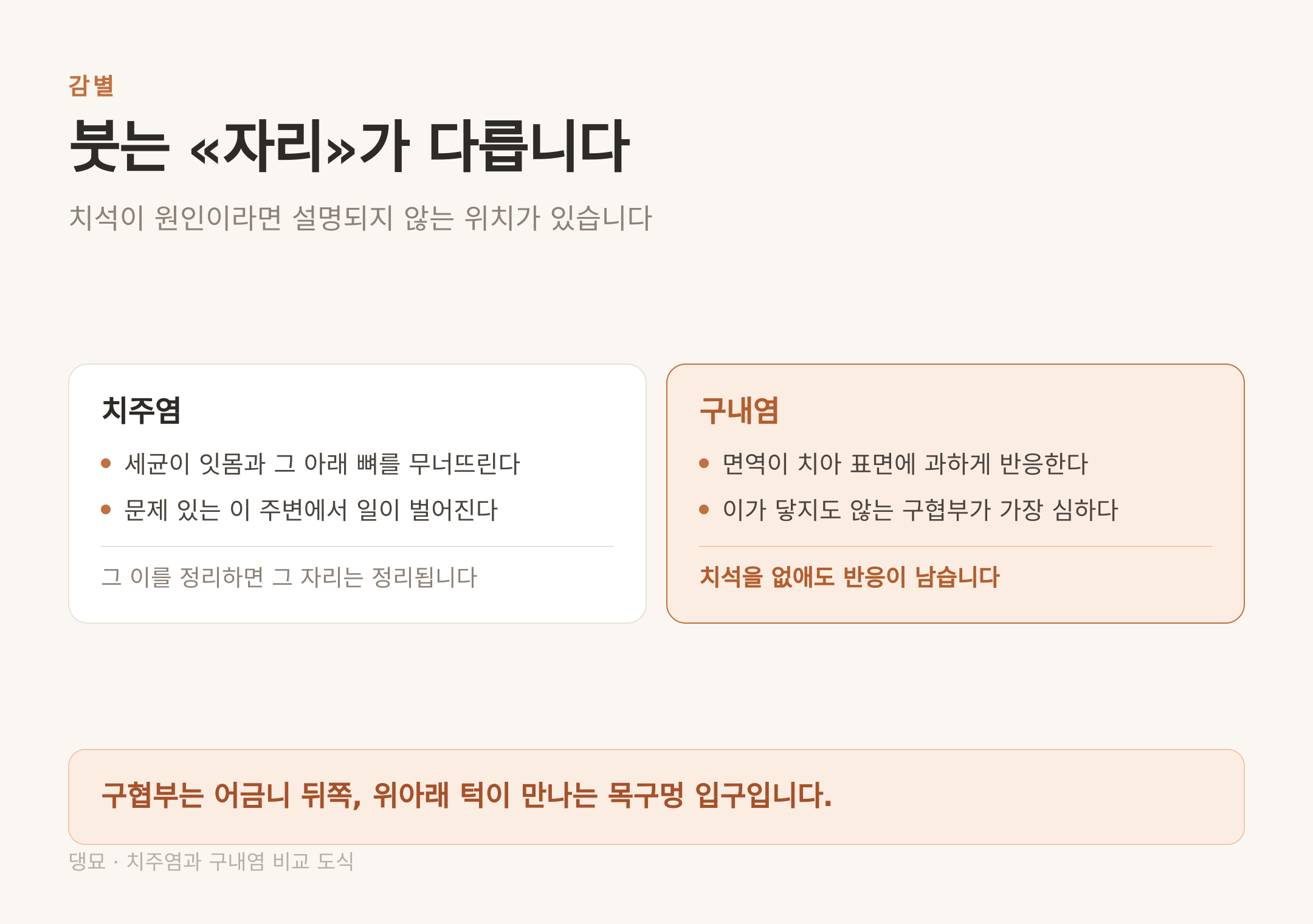 치주염과 구내염은 붓는 자리가 다르다 — 구협부는 이가 닿지 않는 자리다