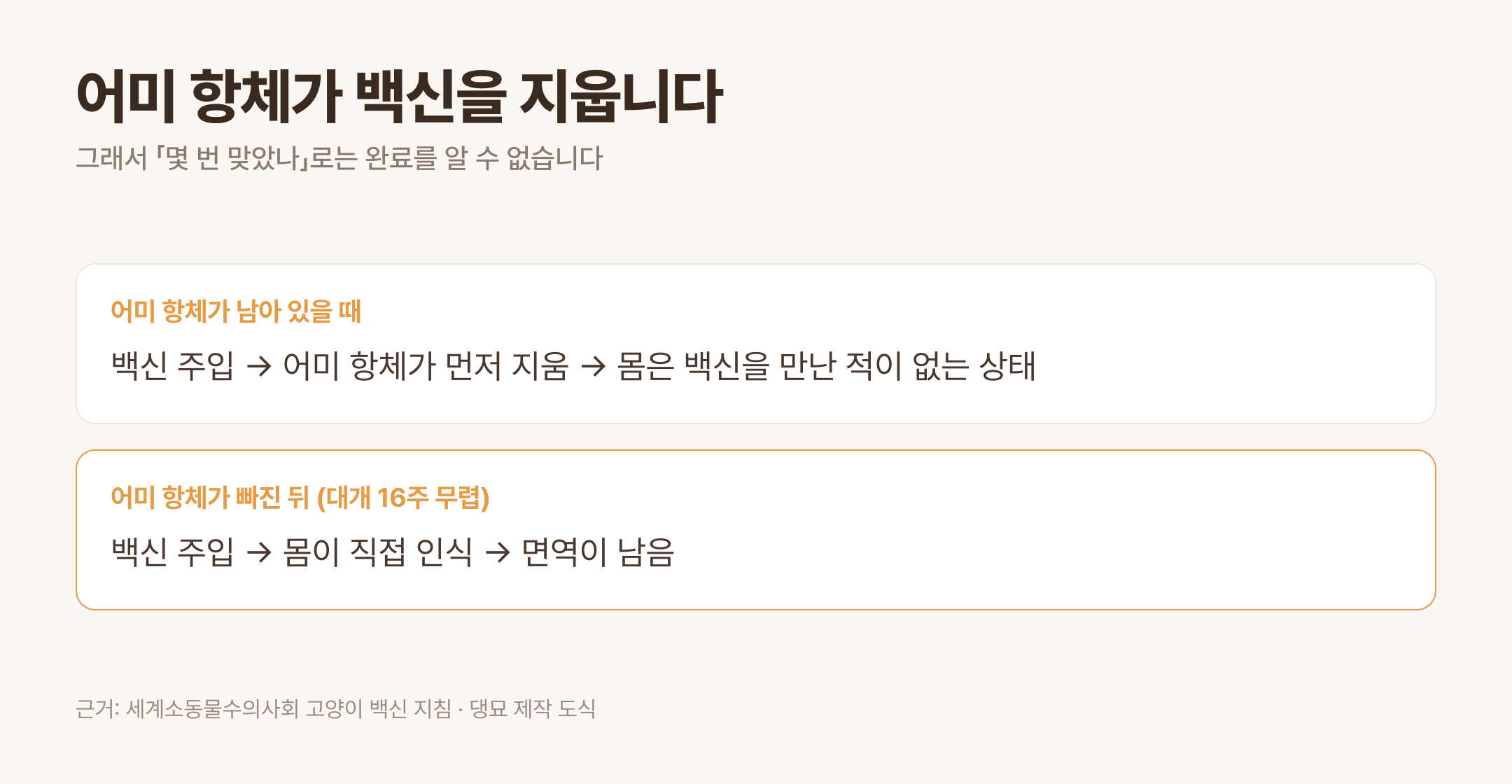 어미 항체가 남아 있을 때와 빠진 뒤의 차이 · 근거: 세계소동물수의사회 고양이 백신 지침