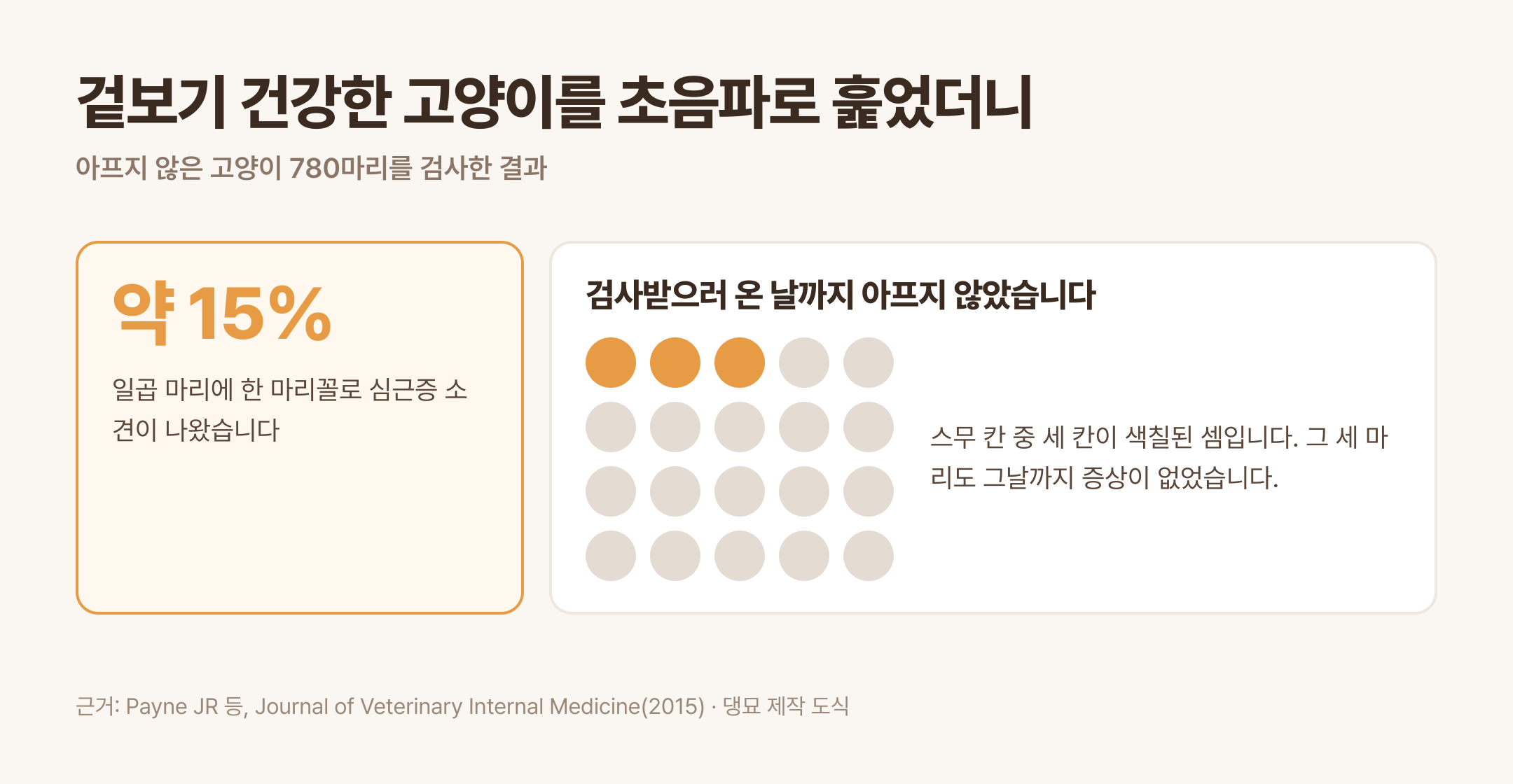 겉보기 건강한 고양이 780마리 중 약 15%에서 심근증 소견 (근거: Payne JR 등, Journal of Veterinary Internal Medicine 2015 · 댕묘 제작 도식)