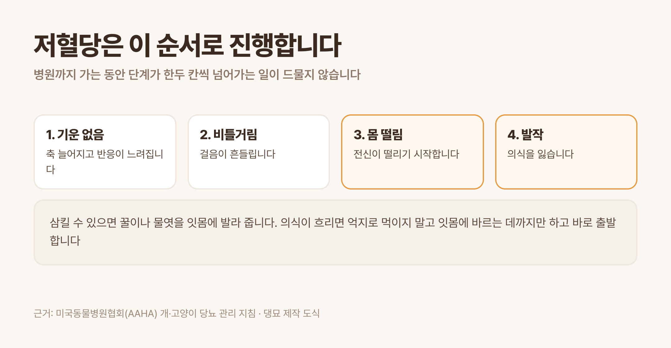 저혈당의 진행 순서와 그 자리에서 할 일 (근거: AAHA 개·고양이 당뇨 관리 지침 · 댕묘 제작 도식)