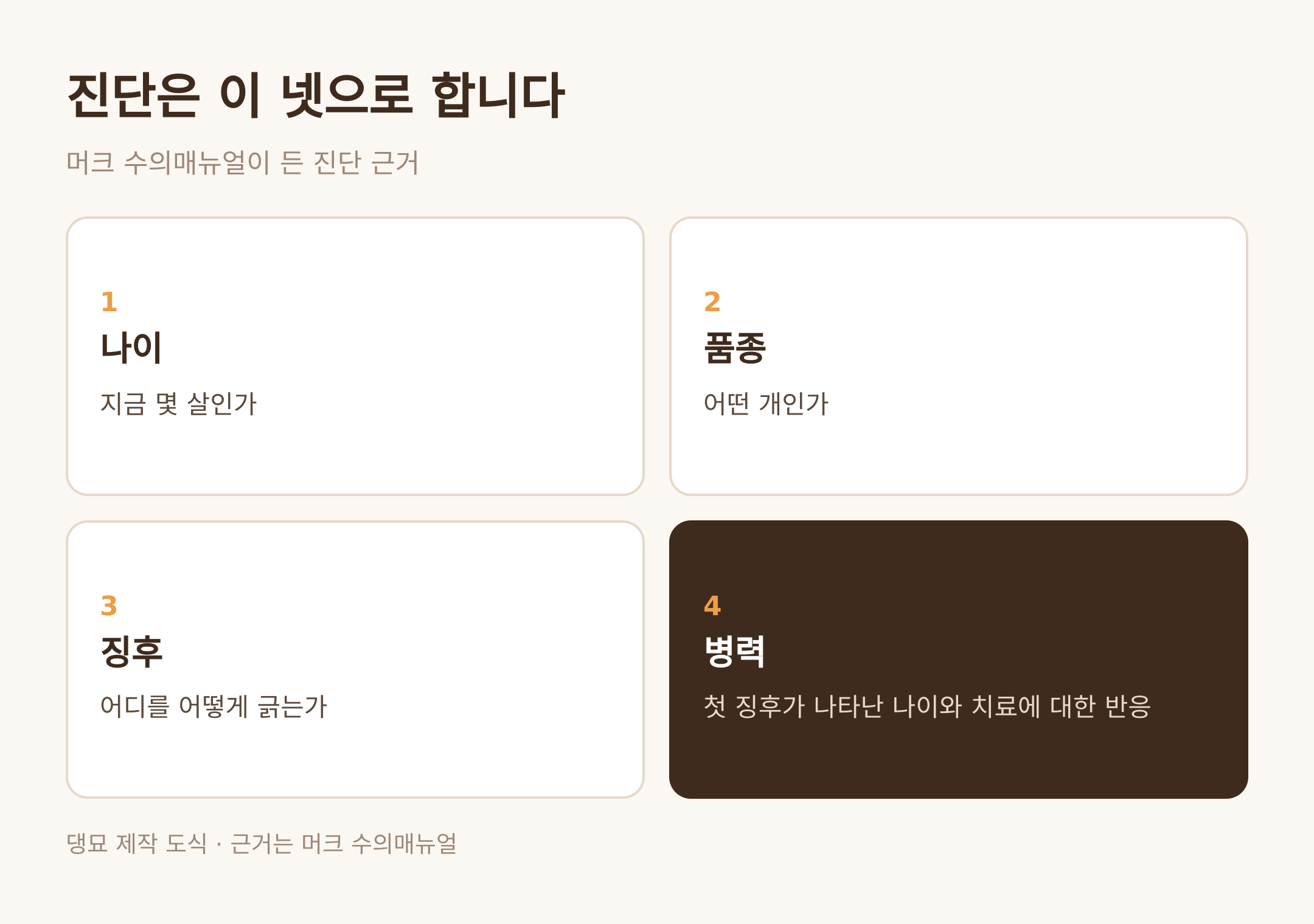 진단은 이 넷으로 한다 · 댕묘 제작 도식 · 근거는 머크 수의매뉴얼
