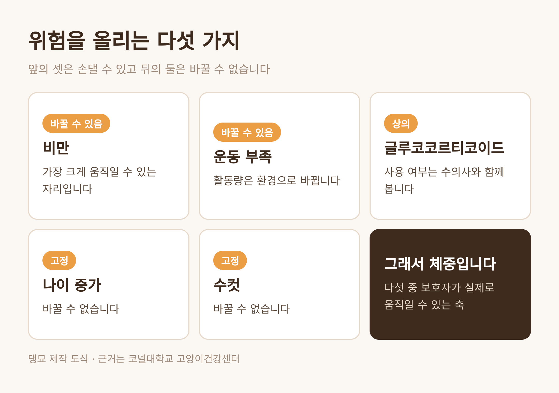 위험을 올리는 다섯 가지 · 댕묘 제작 도식 · 근거는 코넬대학교 고양이건강센터