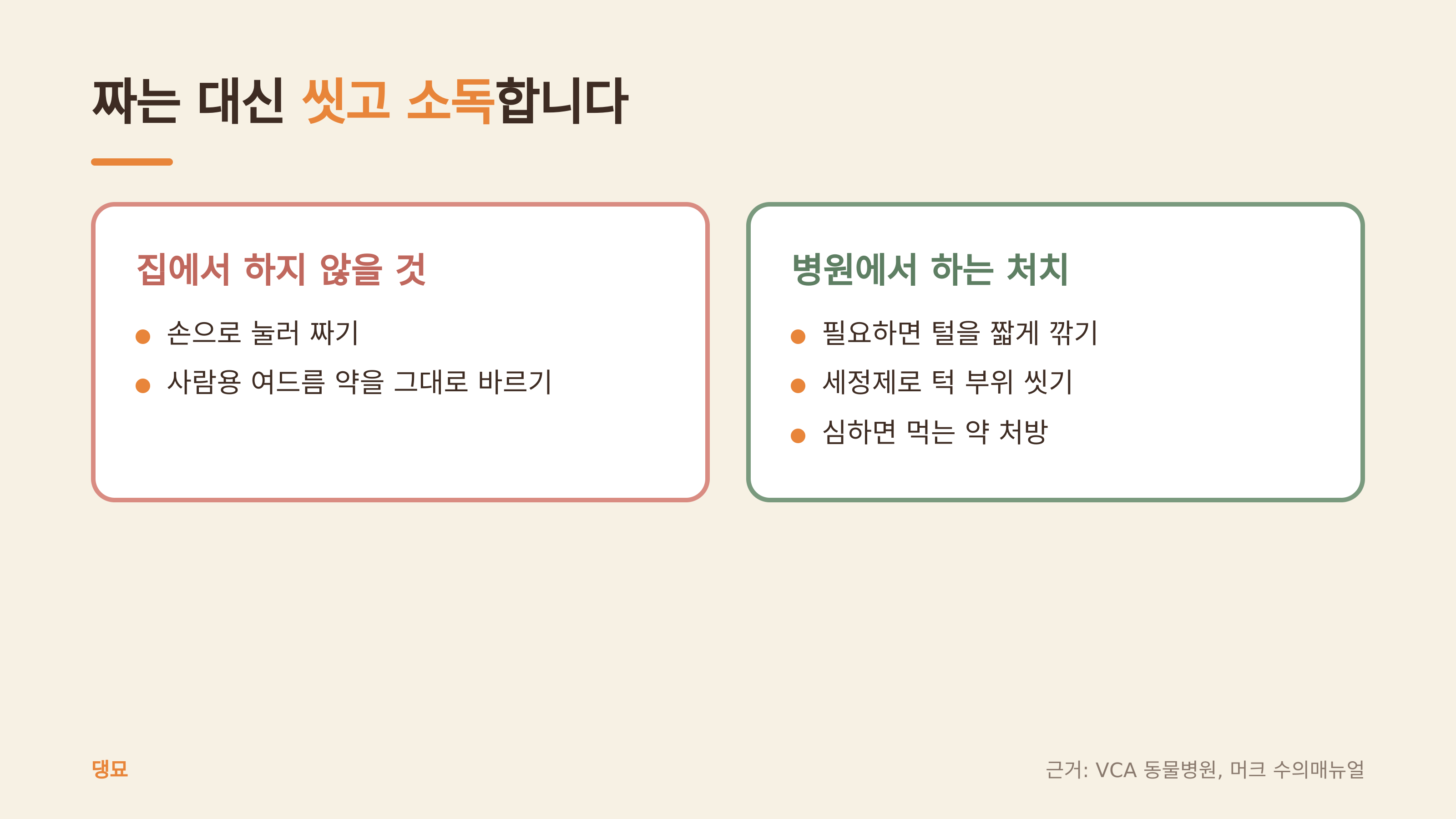 집에서 하지 않을 것과 병원 처치 (댕묘 제작 도식, 근거: VCA 동물병원, 머크 수의매뉴얼)