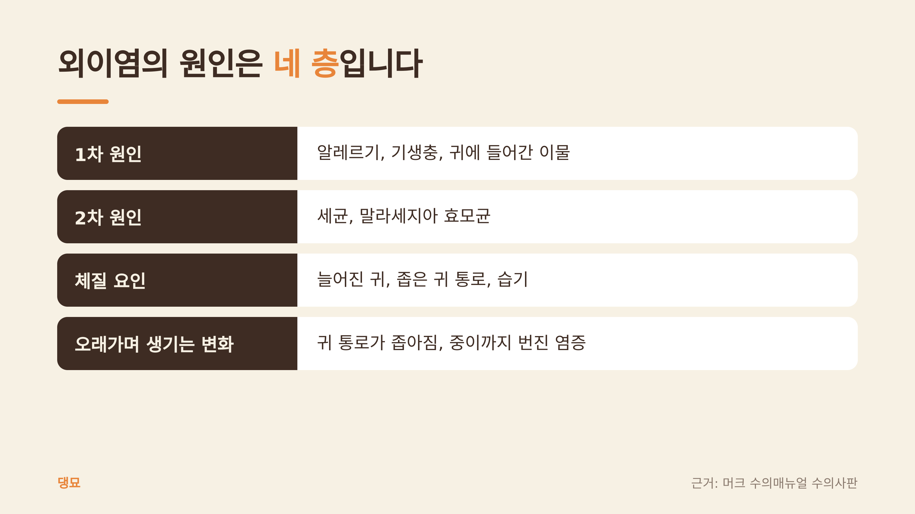외이염 원인의 네 층 (댕묘 제작 도식, 근거: 머크 수의매뉴얼)
