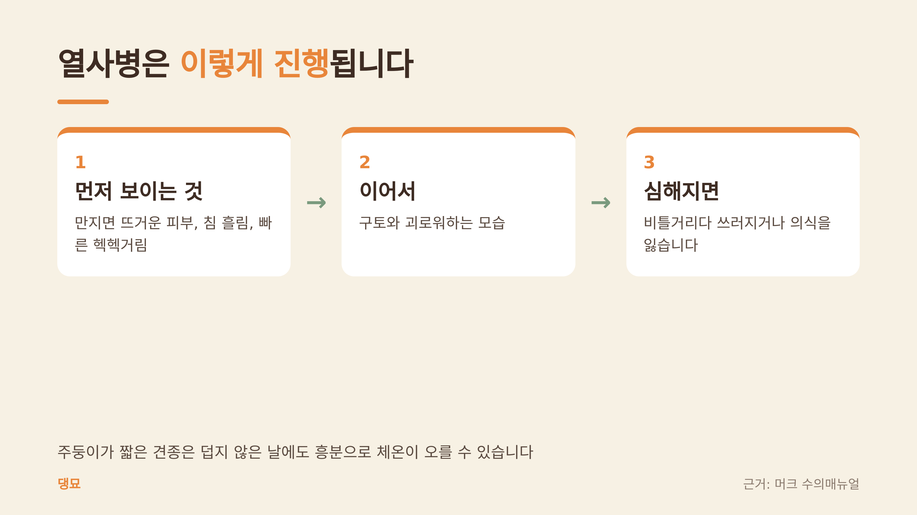 열사병이 진행되는 순서 (댕묘 제작 도식, 근거: 머크 수의매뉴얼)