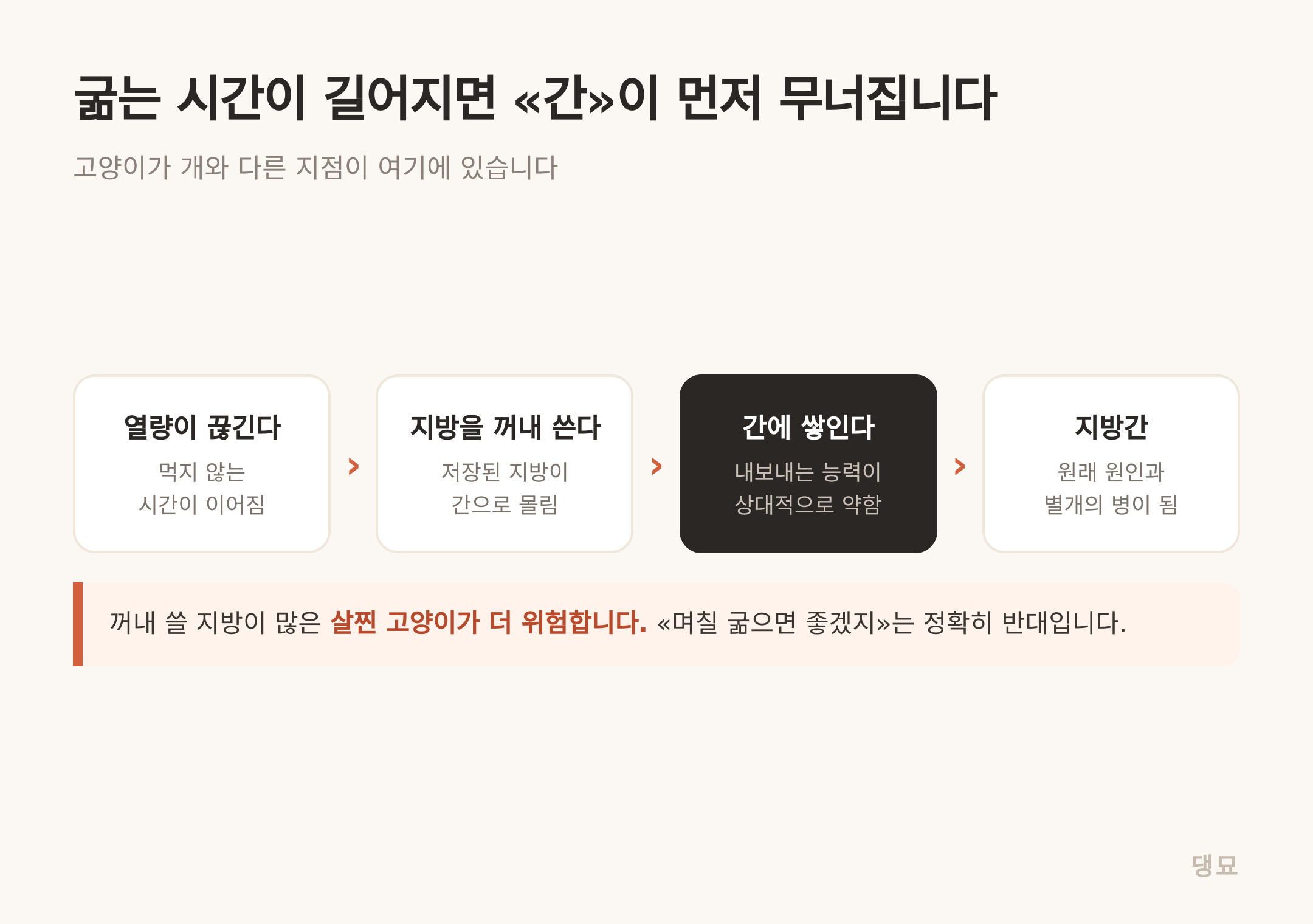 열량이 끊기면 지방이 간으로 몰리고, 그 상태가 이어지면 지방간으로 넘어갑니다