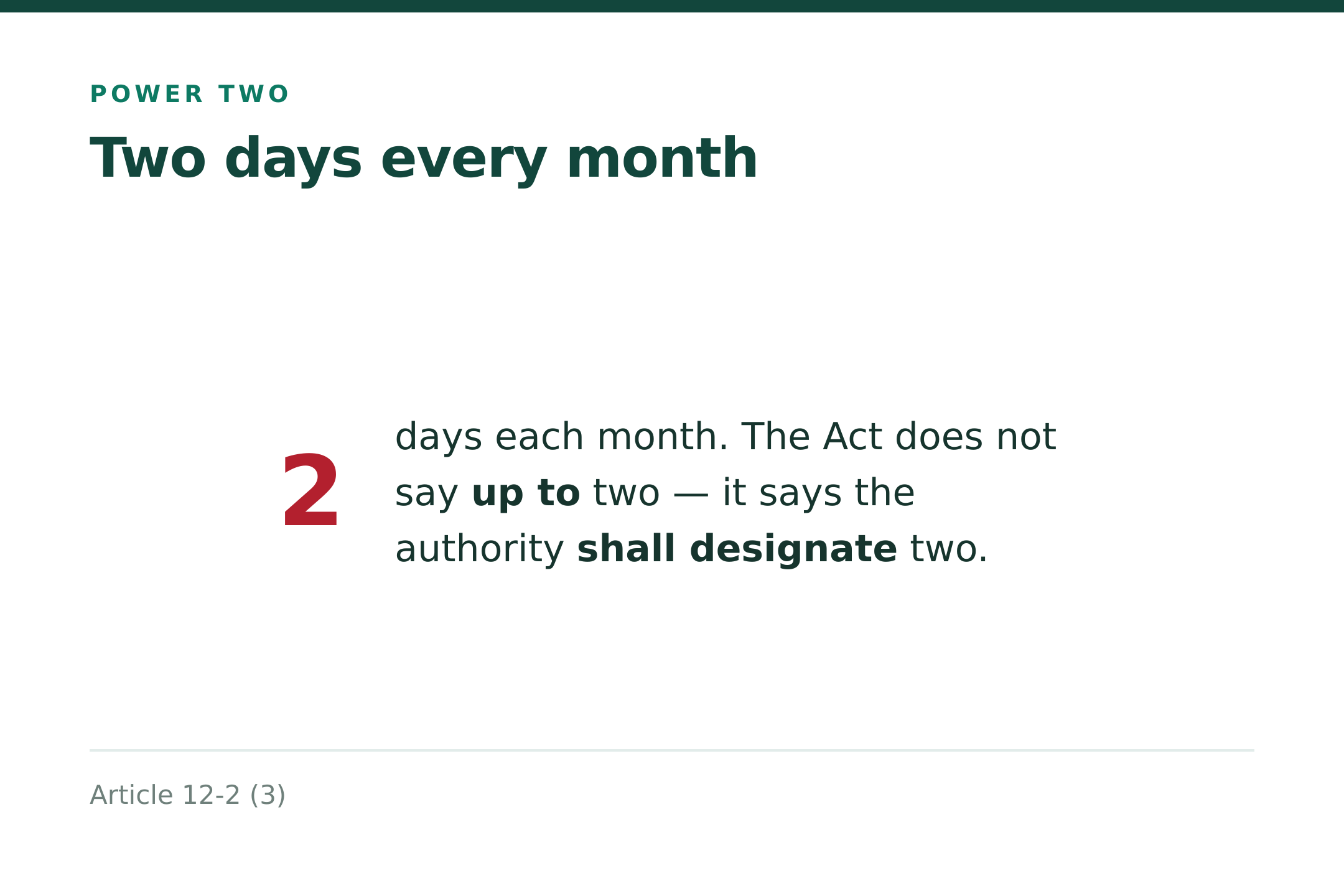 Two days each month, shall designate (source: Art. 12-2(3))